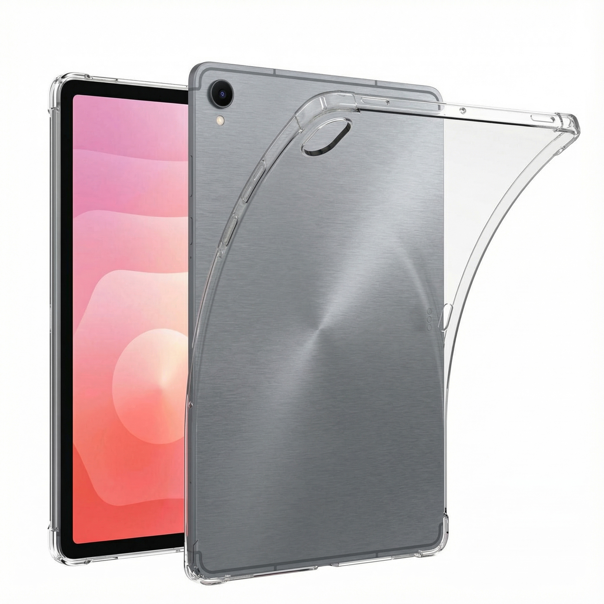 Een doorzichtige tablethoes bedekt een tablet met een grijze geborstelde metalen achterkant.