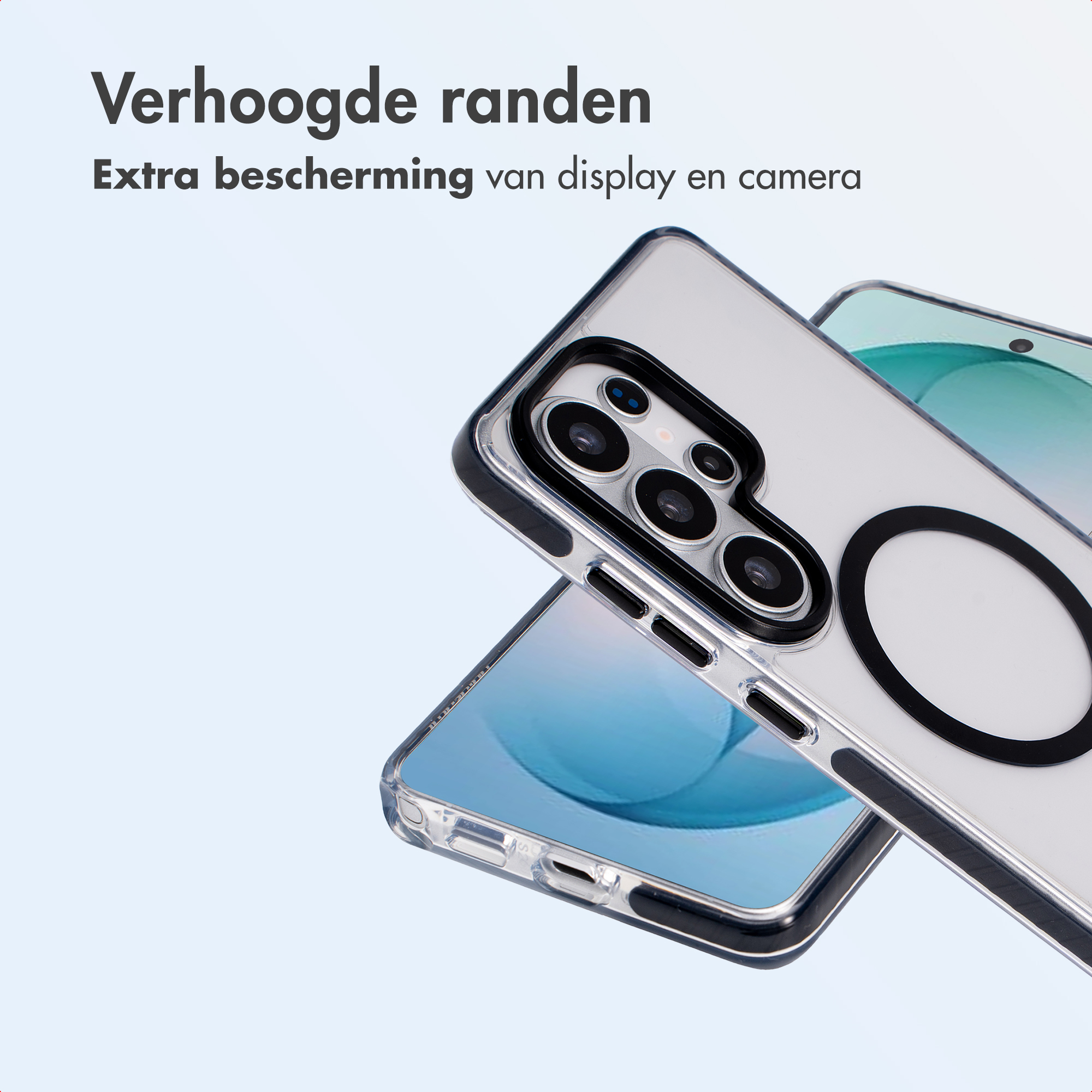 Doorzichtige telefoonhoes met verhoogde randen toont cameramodule en scherm.
