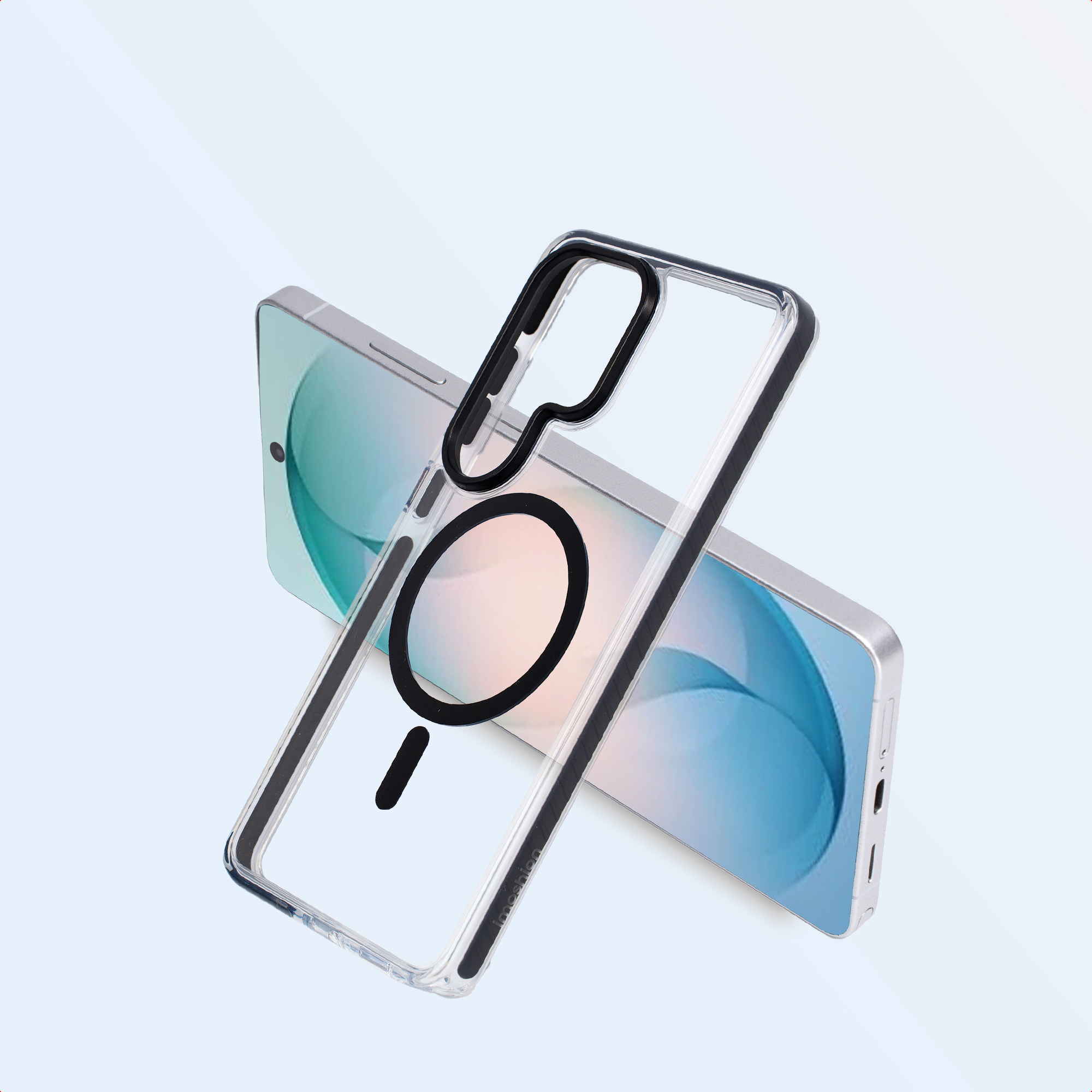Een doorzichtige telefoonhoes met zwarte rand ligt op een telefoon.