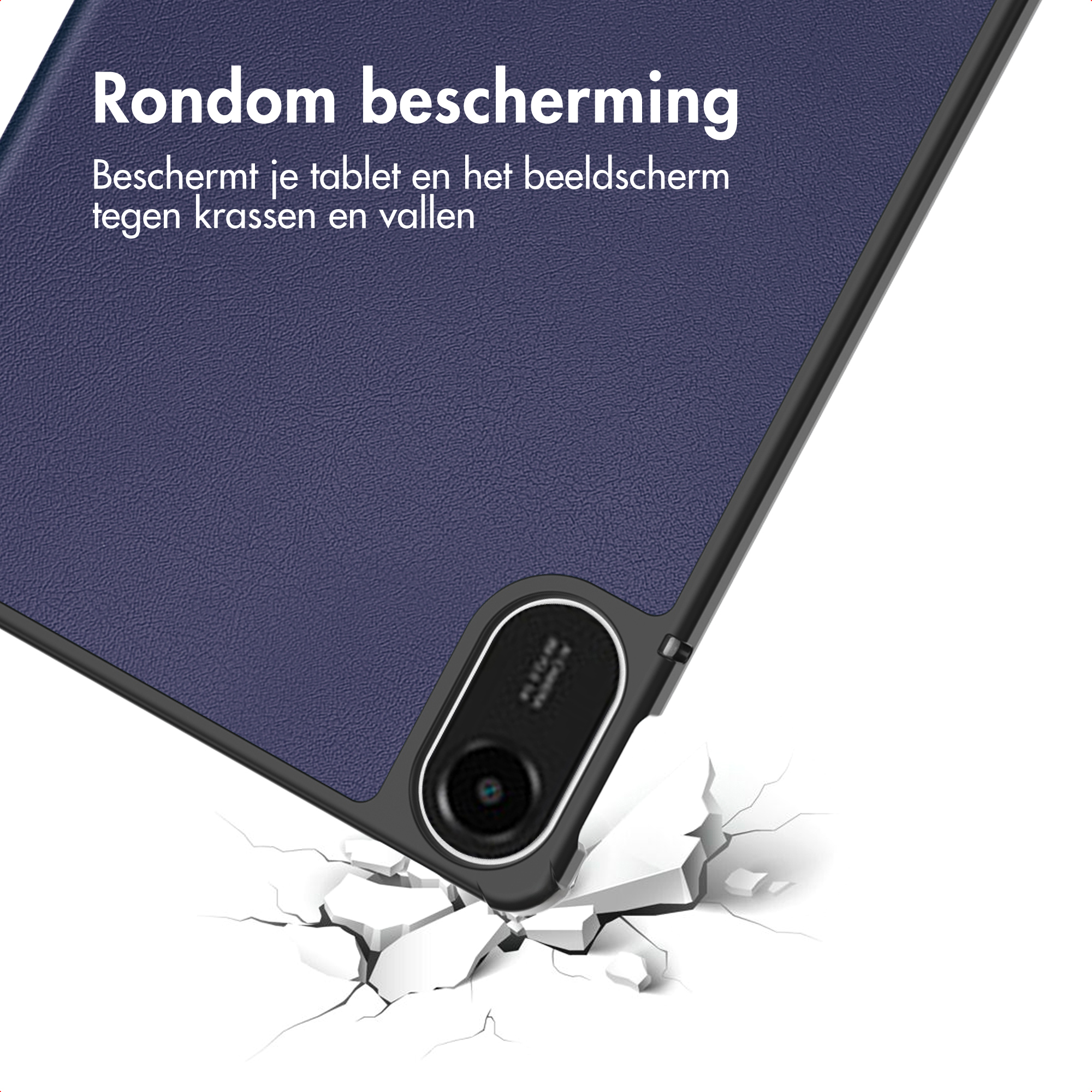 A blue tablet case with an impact scenario. "All-round protection" is displayed.