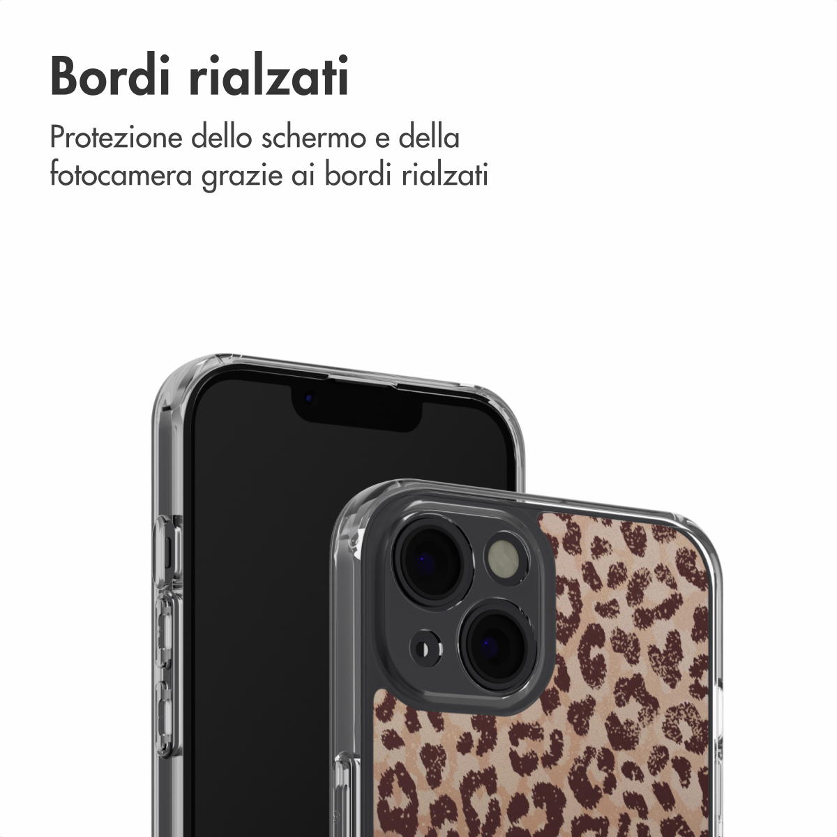 Un iPhone avec une coque léopard et des bords surélevés.