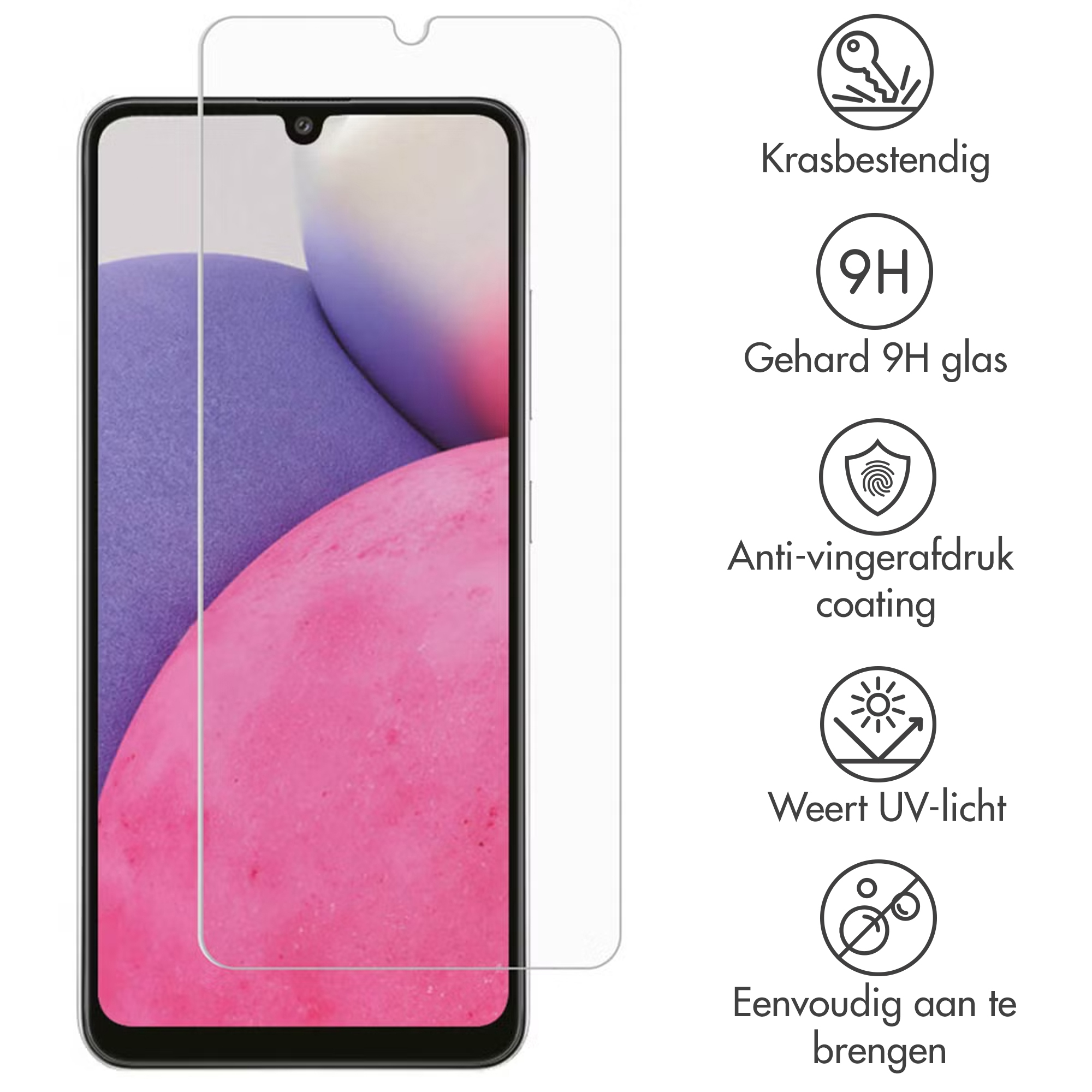 Screenprotector voor smartphone met iconen voor krasbestendigheid, 9H glas.