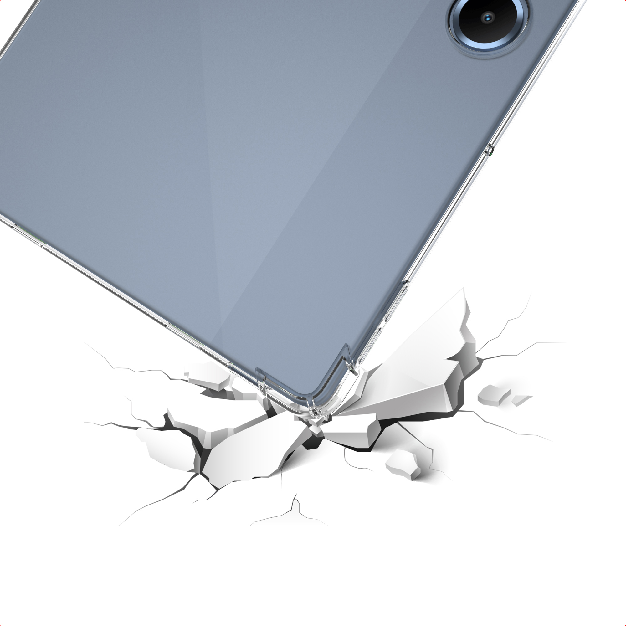A smartphone is falling and breaking a white surface.