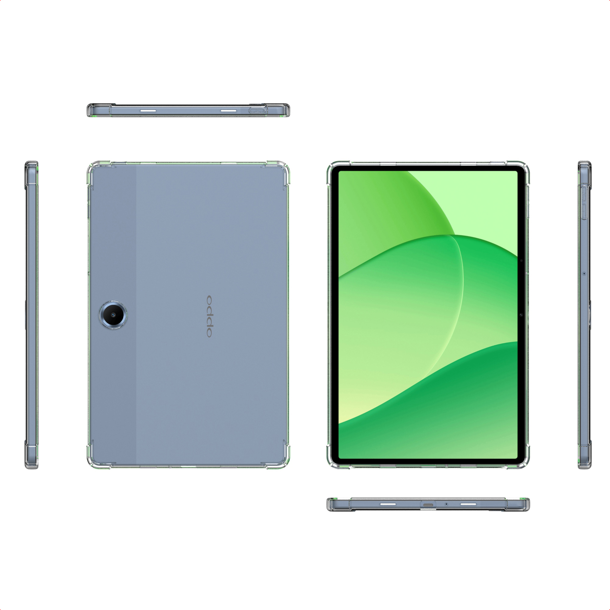 A blue tablet shown from front, back, and side views.