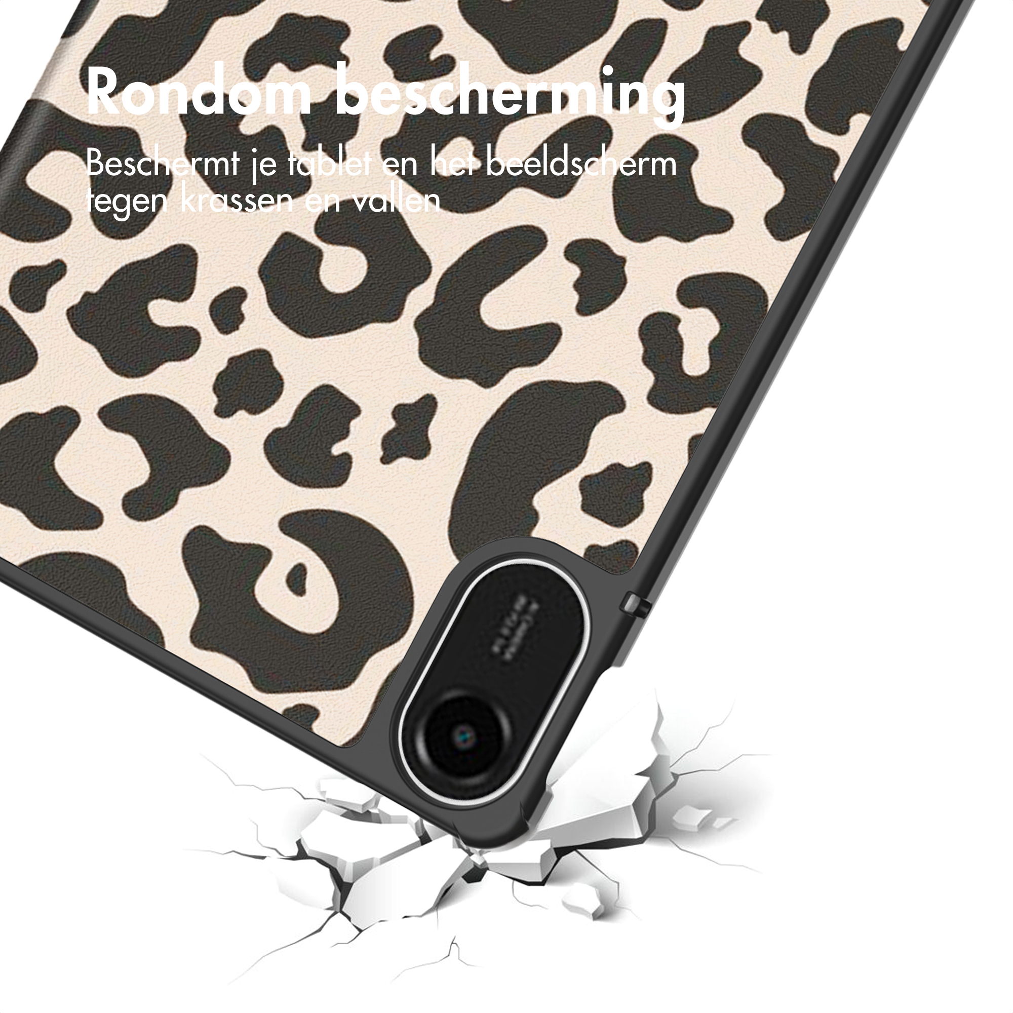 Leopard print case protects tablet from scratches and drops.