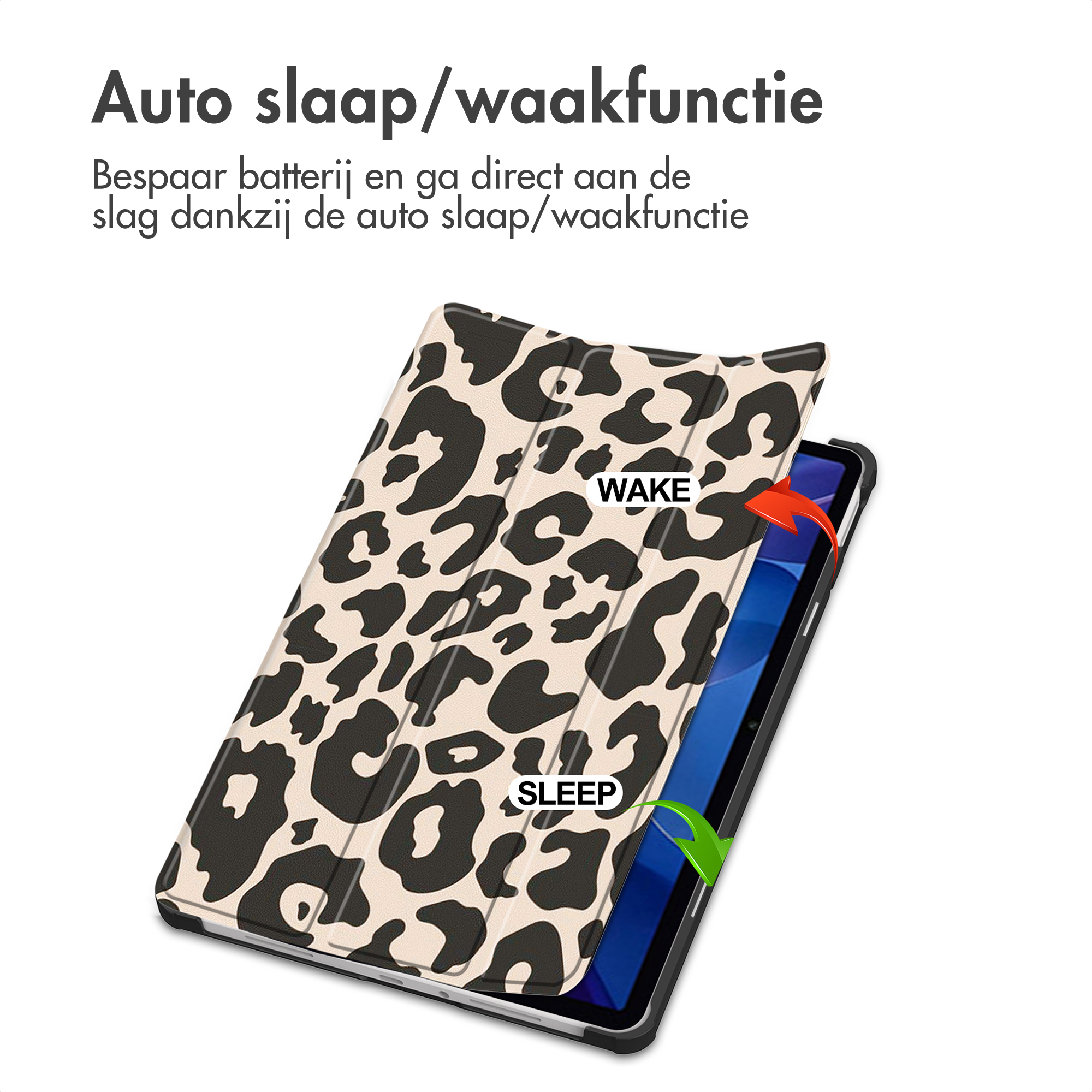 Leopard print tablet cover with 'Wake' and 'Sleep' indicators.