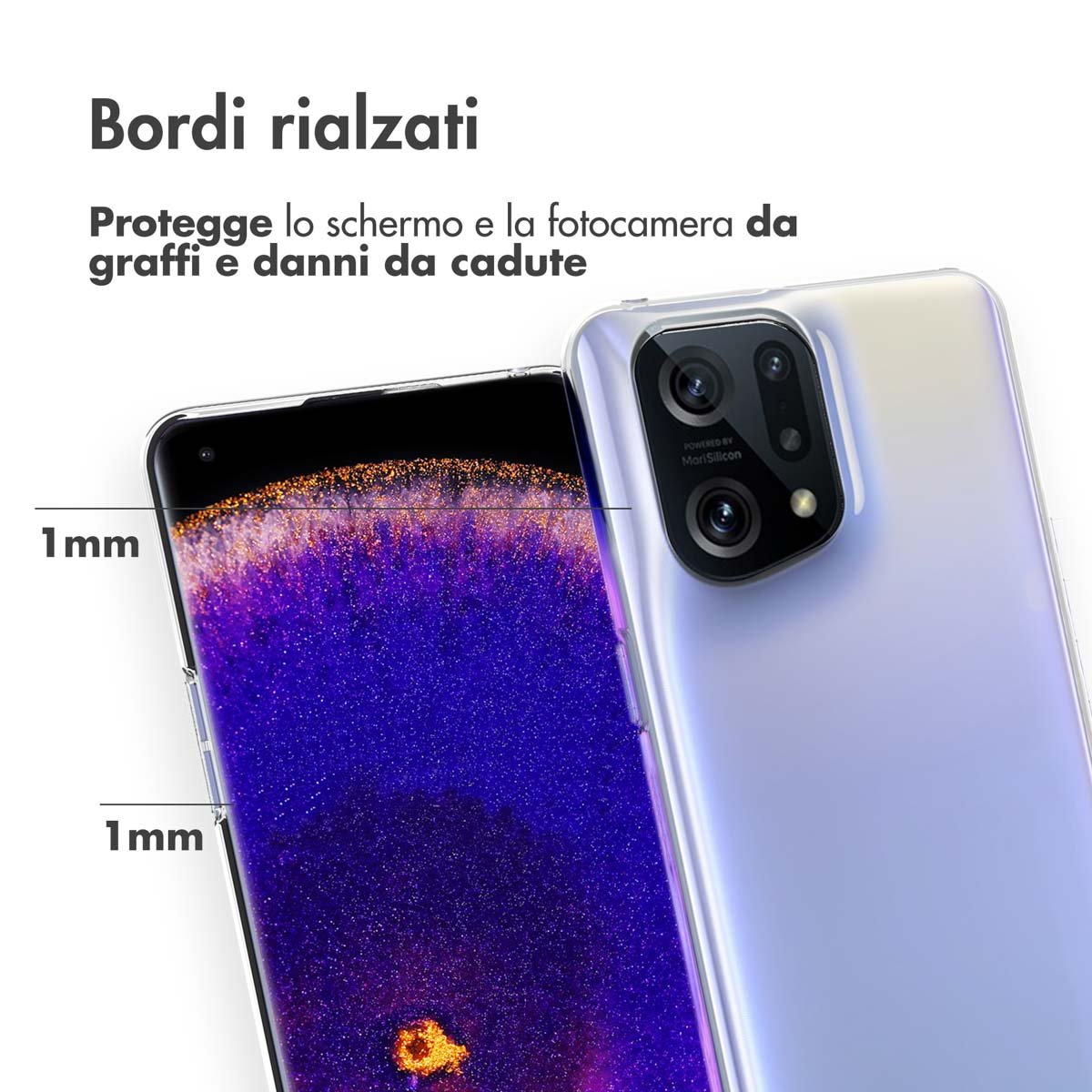 Ein transparentes Handyhülle schützt ein Smartphone mit violetter Musteranzeige.
