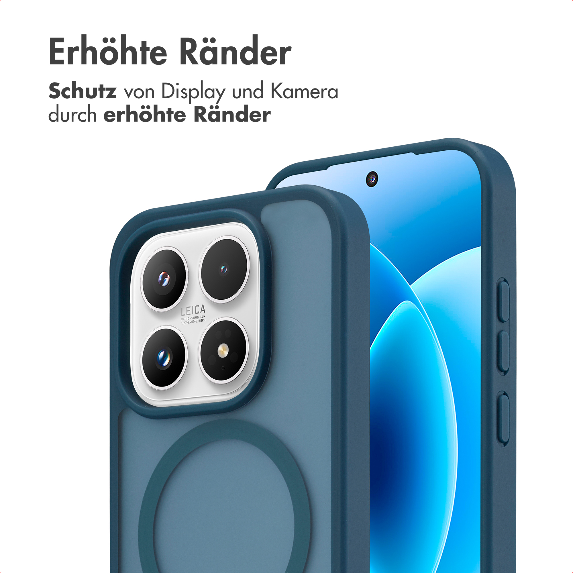 Coque de téléphone bleu foncé avec découpe caméra et téléphone à côté.