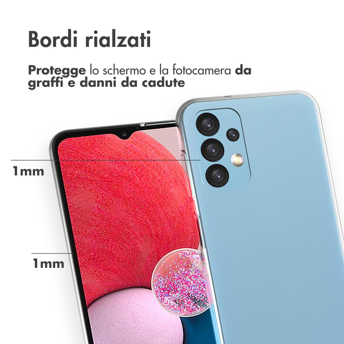 Un téléphone bleu clair avec bords surélevés, offrant 1 mm de protection.