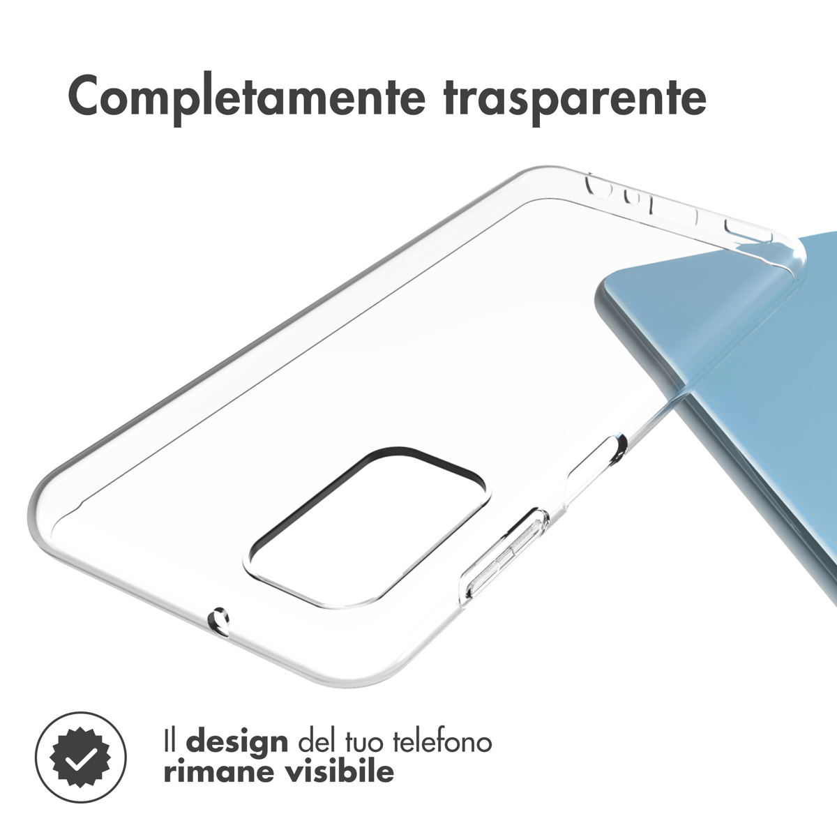 Coque de téléphone transparente avec découpes pour appareil photo et boutons.