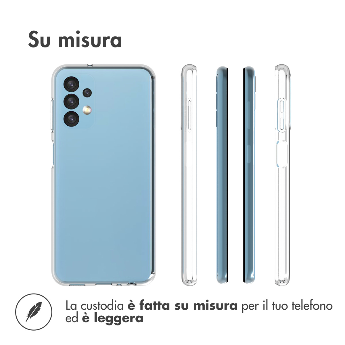 Un smartphone bleu clair avec une coque transparente. Plusieurs vues.