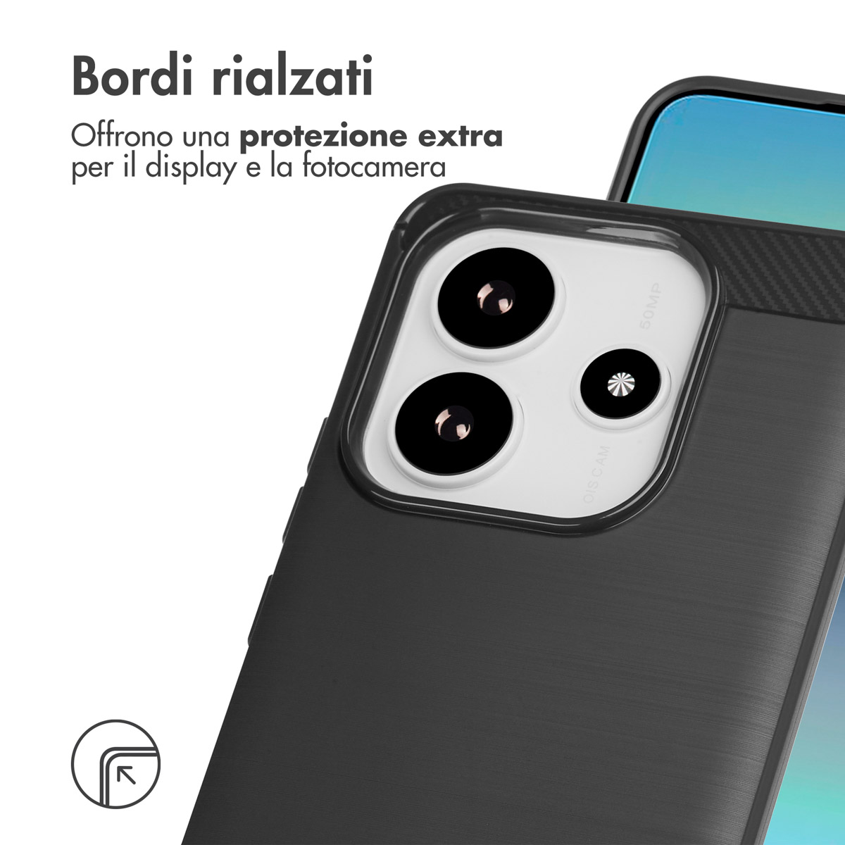 Coque de téléphone noire avec îlot caméra. Bords surélevés protègent écran et appareil.