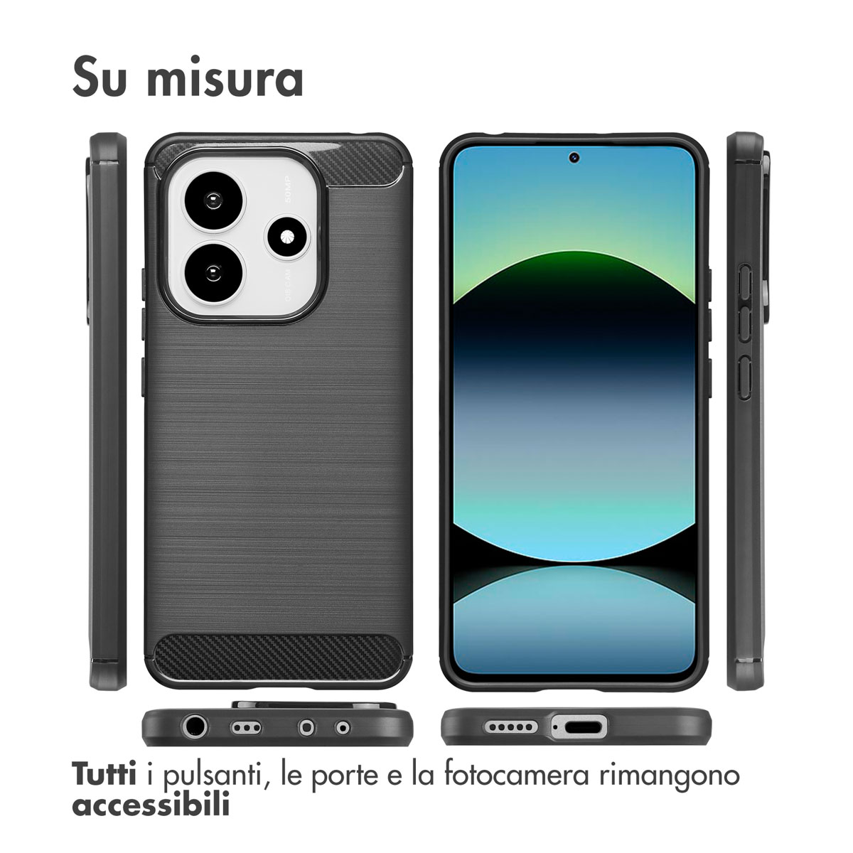 Trois vues d'une coque de téléphone noire avec dos texturé et bloc caméra.