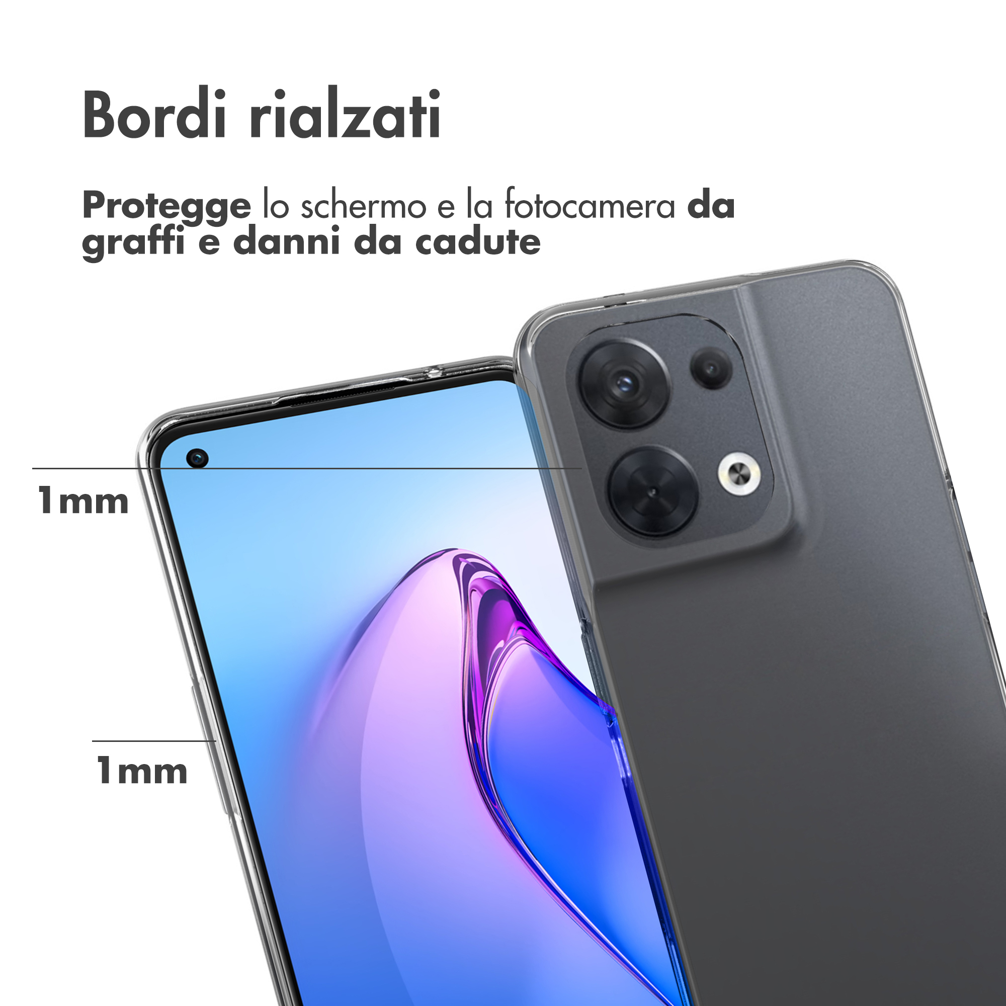 Uno smartphone in cover trasparente, con bordi rialzati per proteggere schermo.