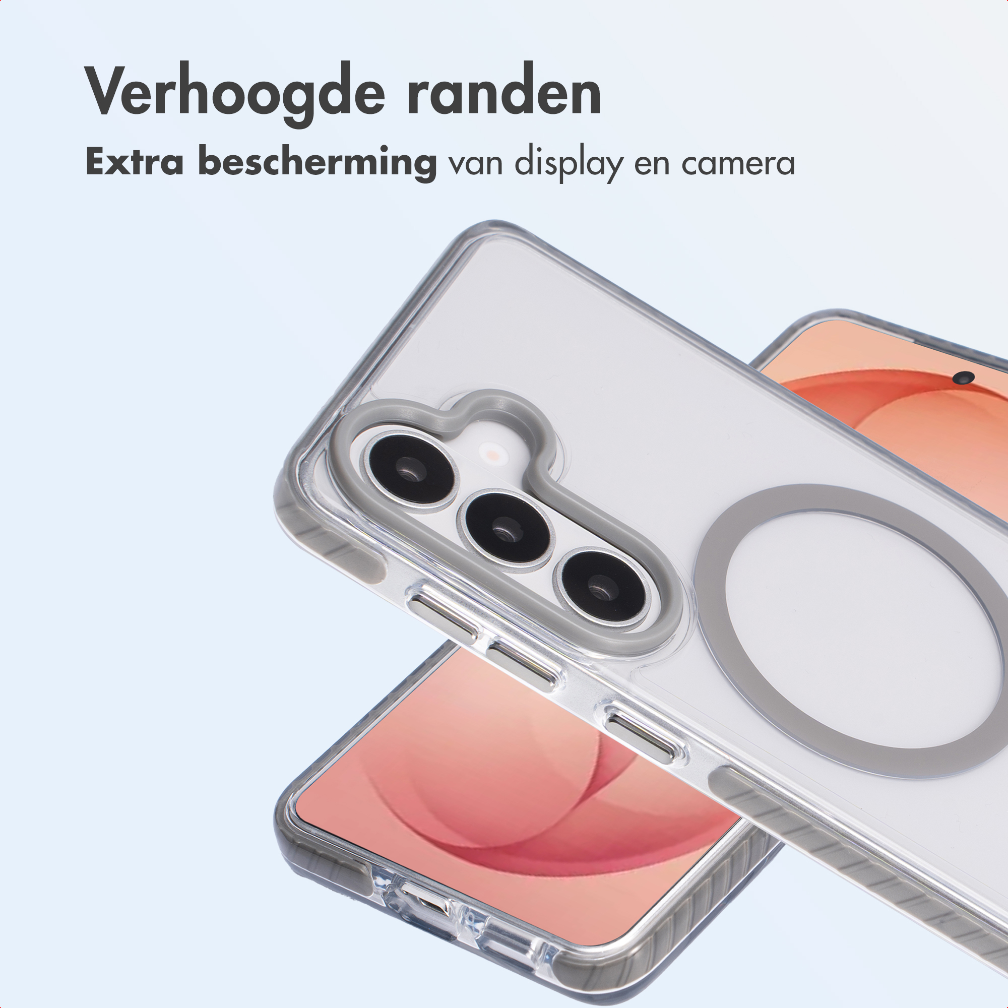 Doorzichtige telefoonhoes met verhoogde randen toont camera en magneetring.