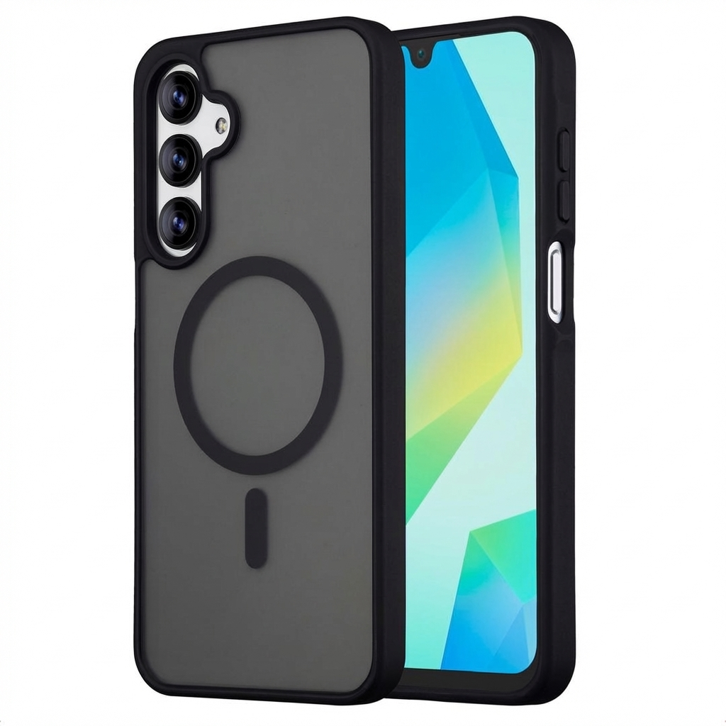 Custodia trasparente per telefono con bordo nero, anello magnetico e tre fotocamere.