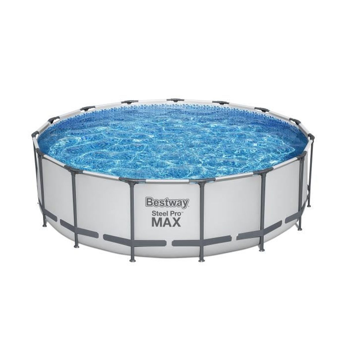 Okrągły basen naziemny Bestway Steel Pro MAX z czystą wodą i srebrną metalową ramą.