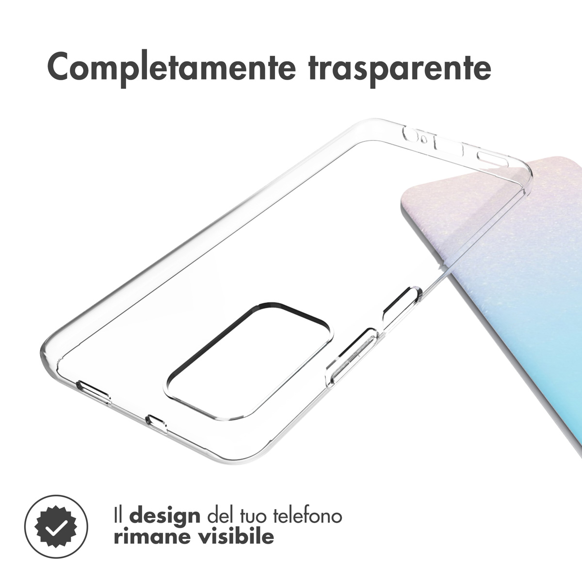 Une coque de téléphone transparente repose sur un téléphone. Texte : Entièrement transparente.