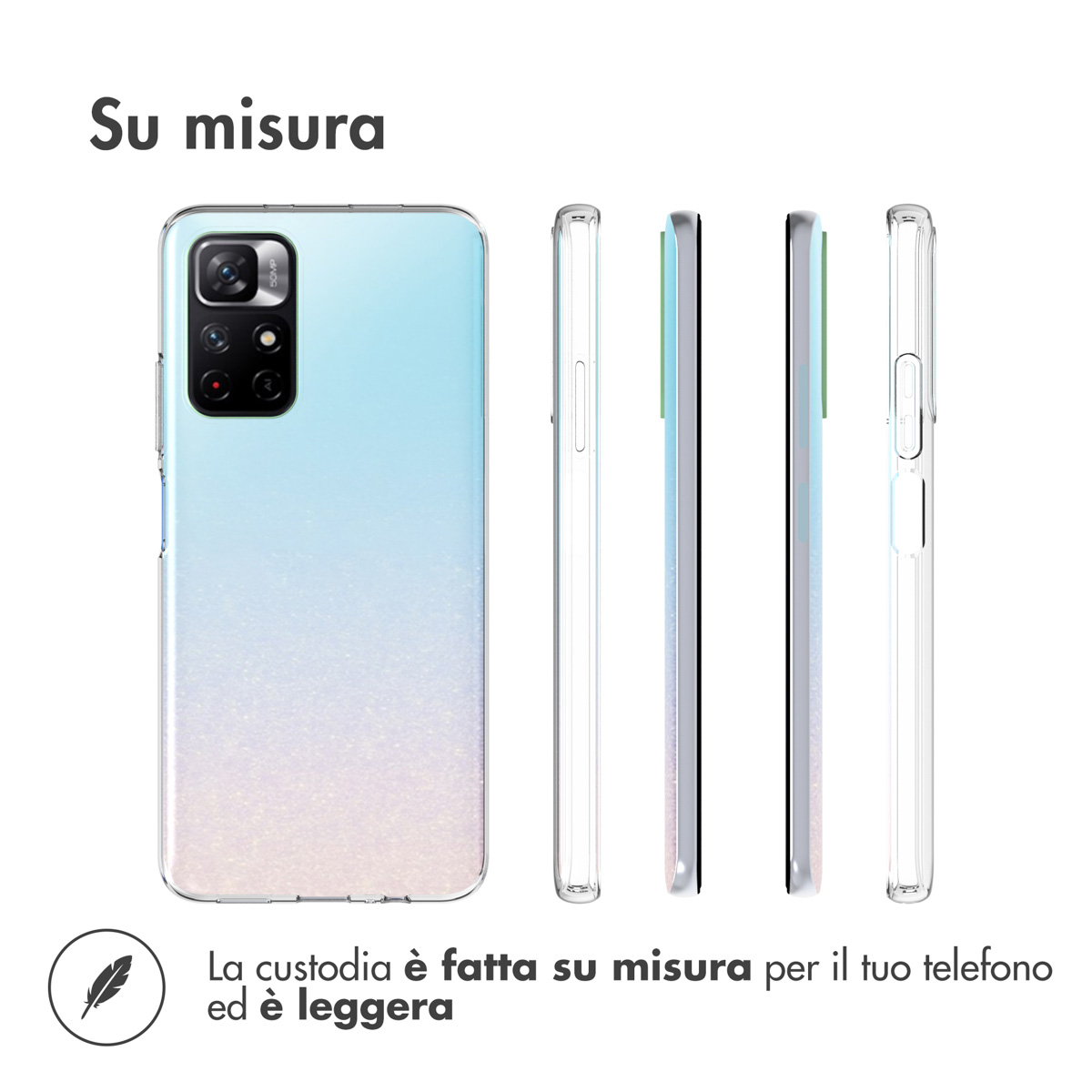 Une coque de téléphone transparente à dégradé et caméras, vues de face et de côté.