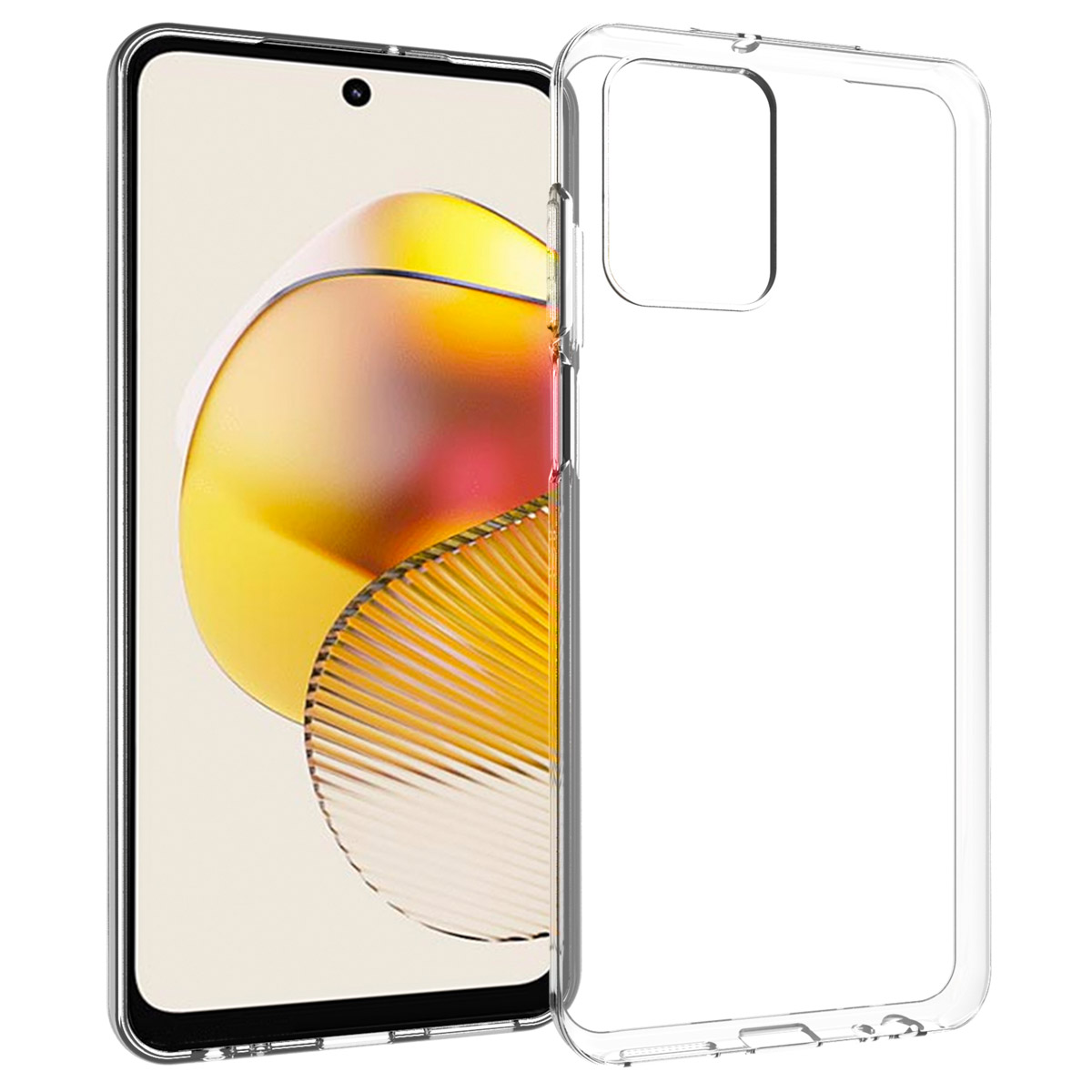 Une coque de téléphone transparente repose à côté d'un smartphone au fond coloré.
