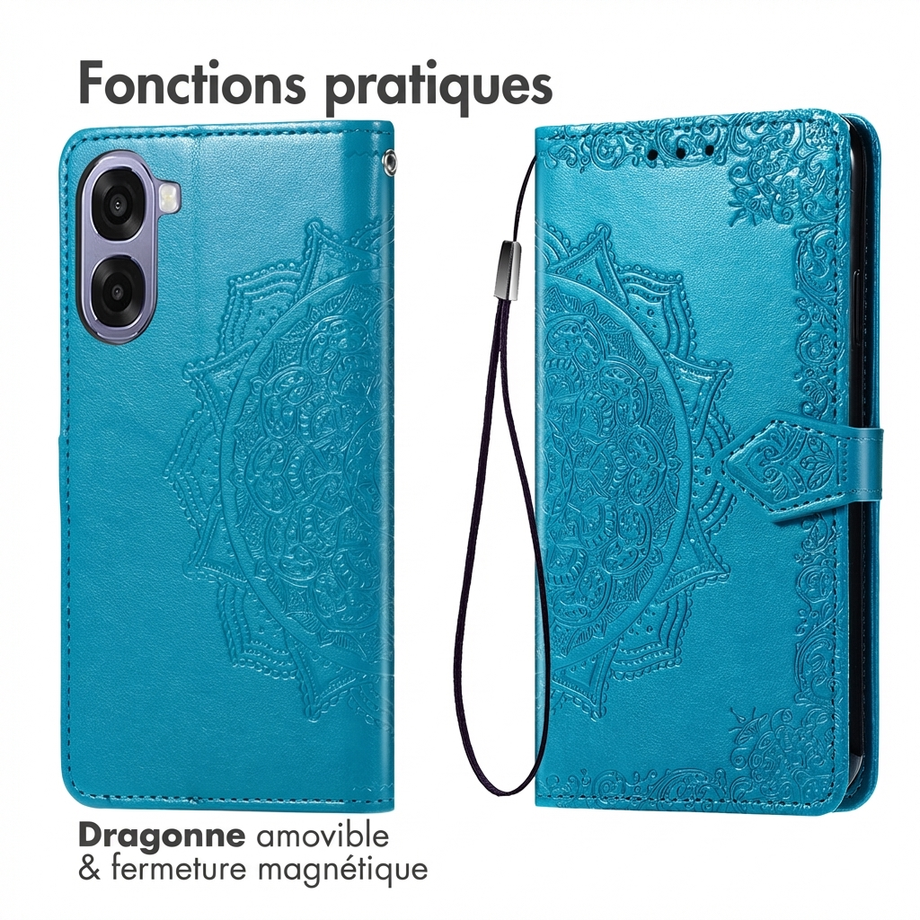 Deux étuis de téléphone bleus à motif mandala en relief, un ouvert, un fermé.