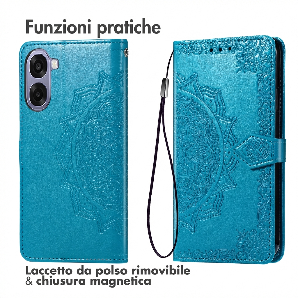 Étui de téléphone turquoise style livre avec mandala en relief, découpe caméra et dragonne.