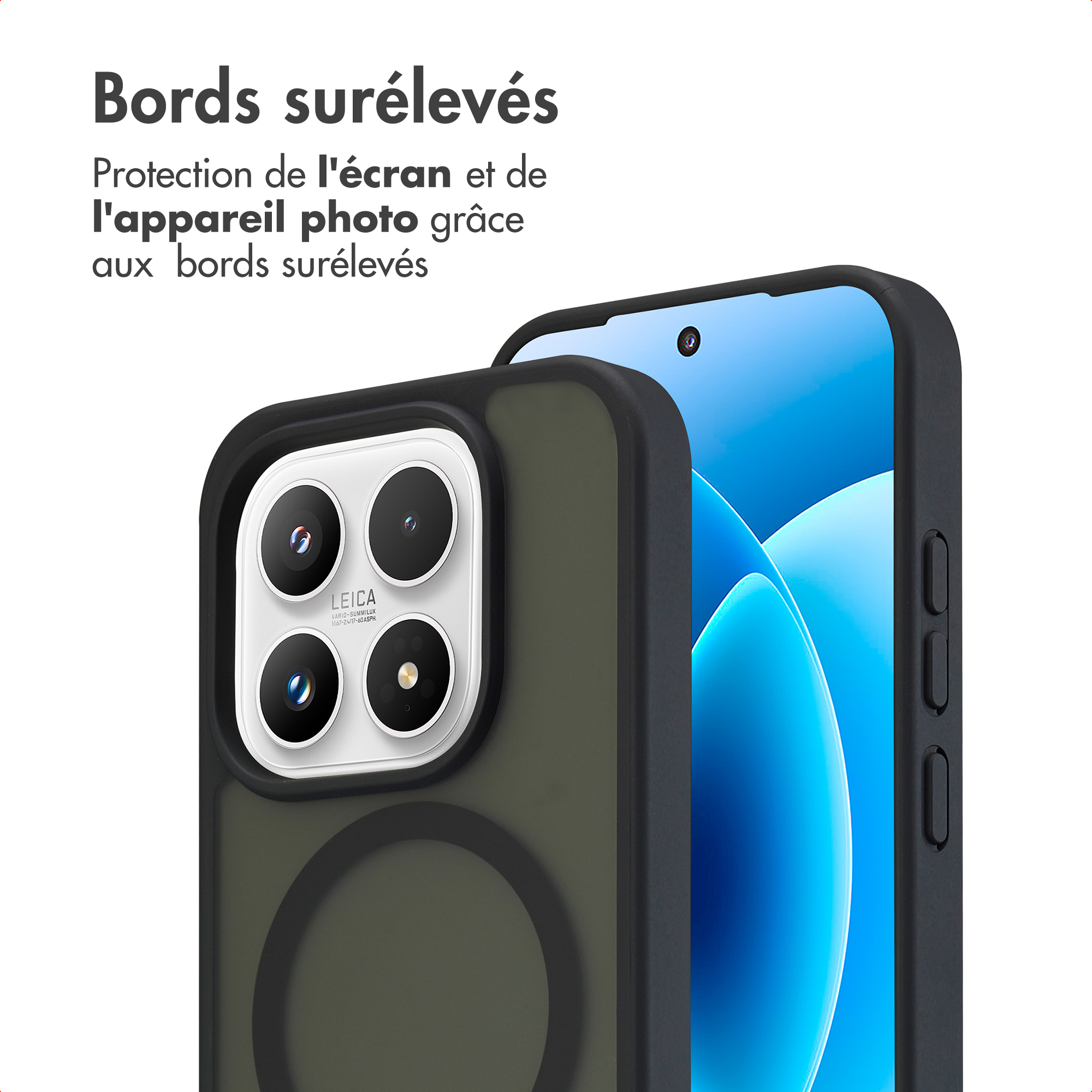 Een telefoonhoes met verhoogde randen beschermt het scherm en de camera.