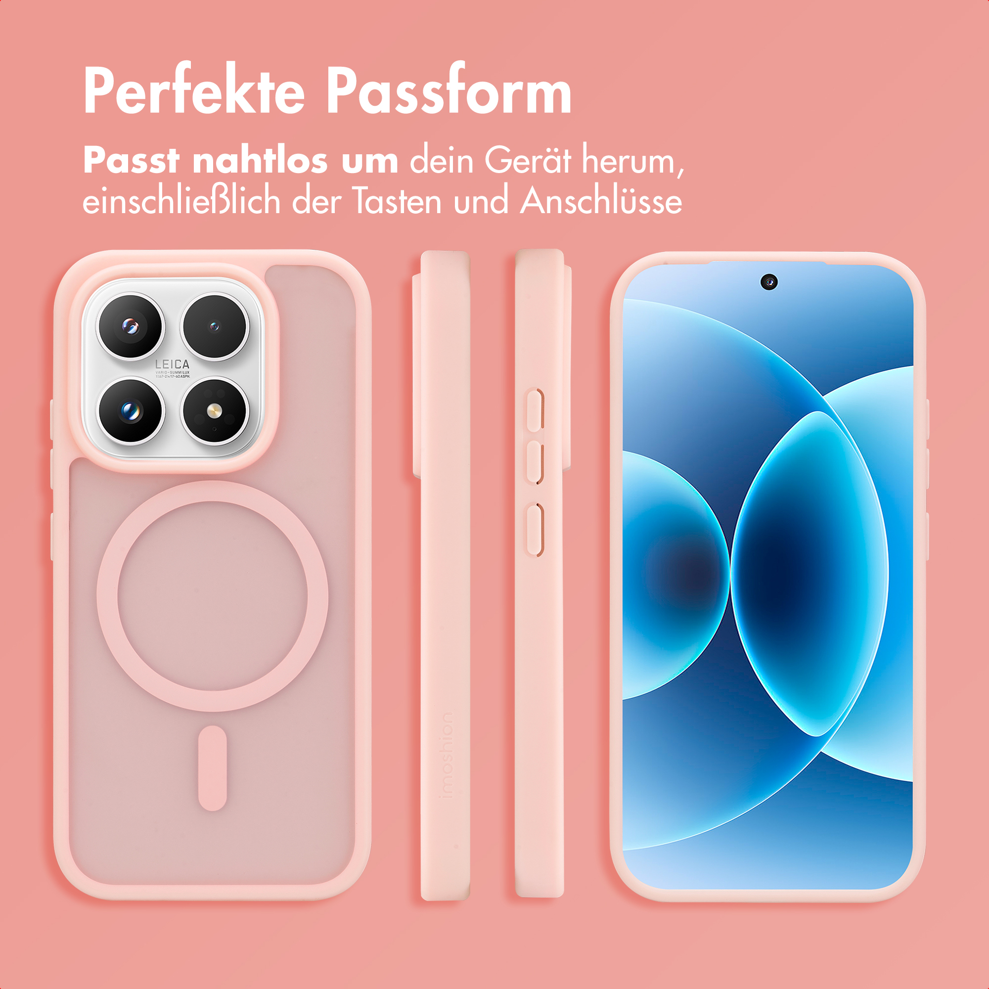 Une coque de téléphone rose avec un téléphone et module caméra.