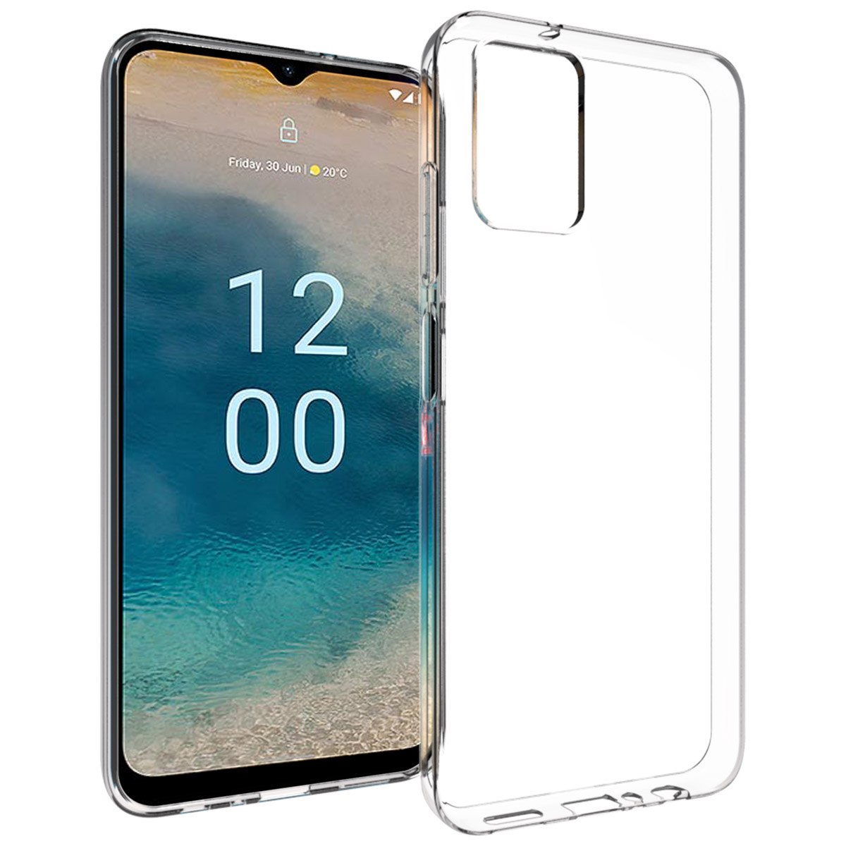 Een doorzichtige telefoonhoes naast een smartphone met een vergrendeld scherm.
