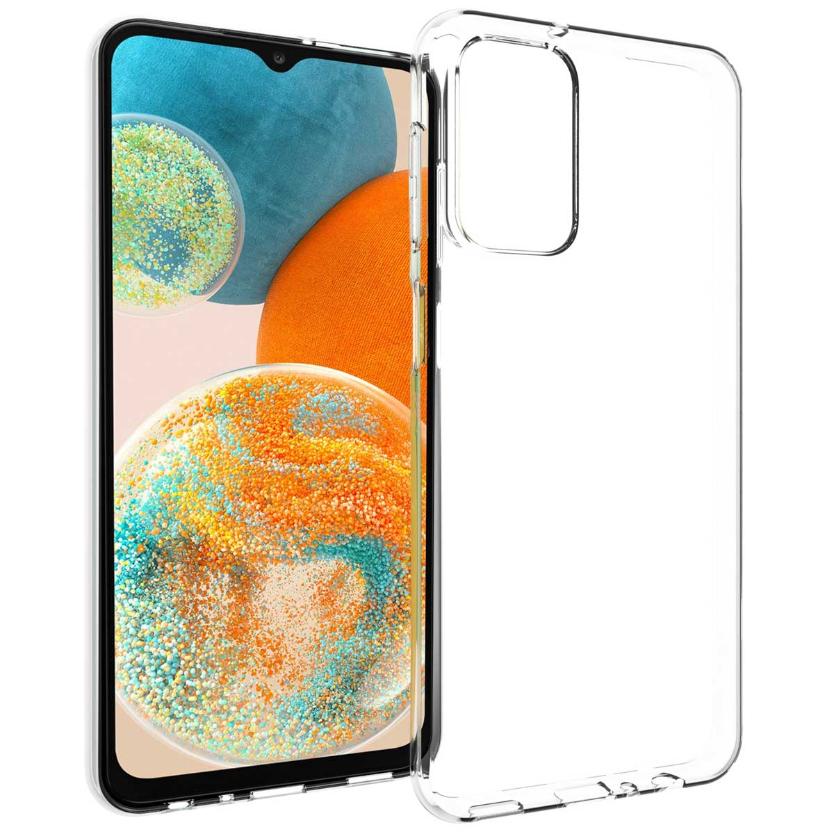 Een doorzichtige telefoonhoes naast een smartphone met kleurrijke achtergrond.