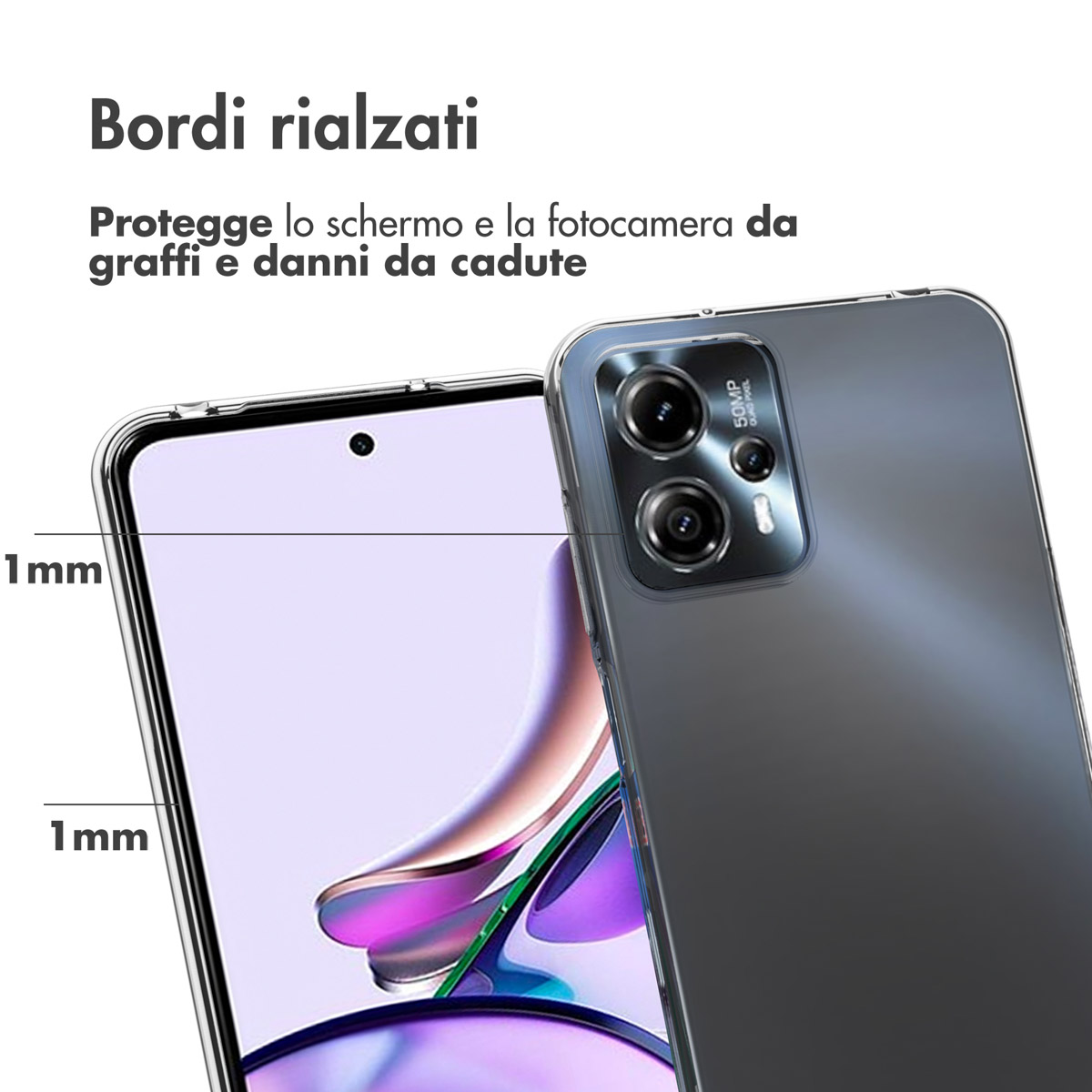 Un téléphone dans une coque transparente, montrant des bords surélevés.