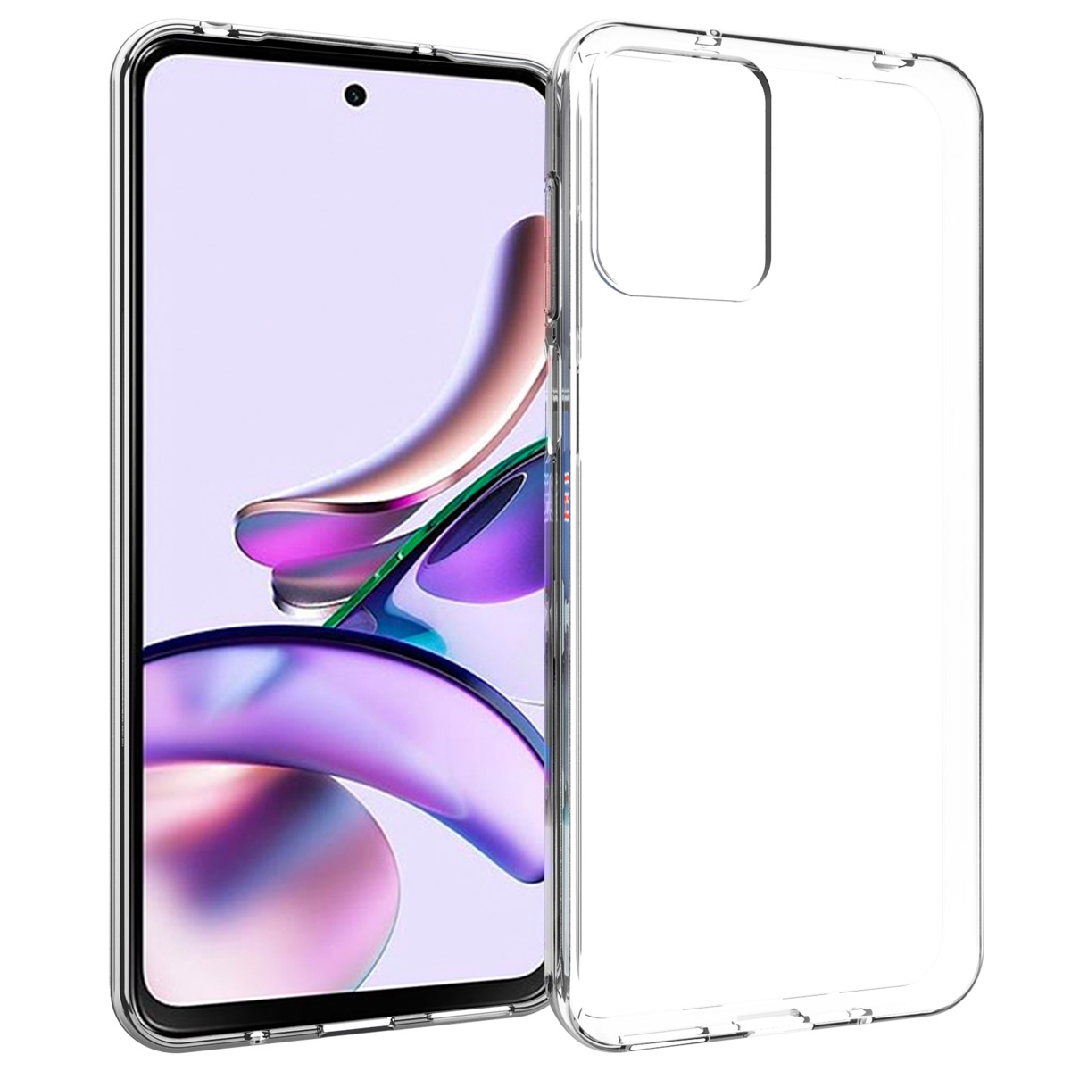 Une coque de téléphone transparente à côté d'un smartphone avec fond coloré.