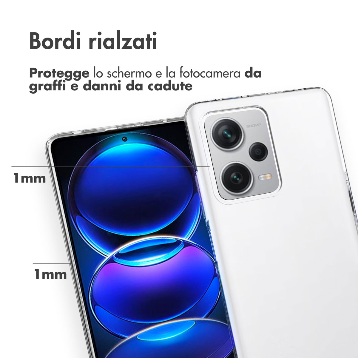 Coque transparente à bords surélevés protège écran et appareil photo.
