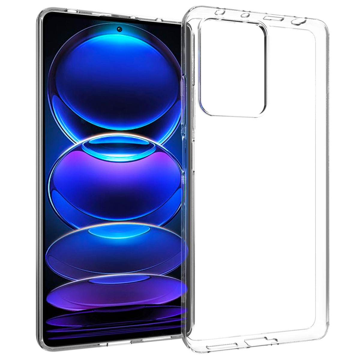 Une coque de téléphone transparente est à côté d'un smartphone avec fond bleu.