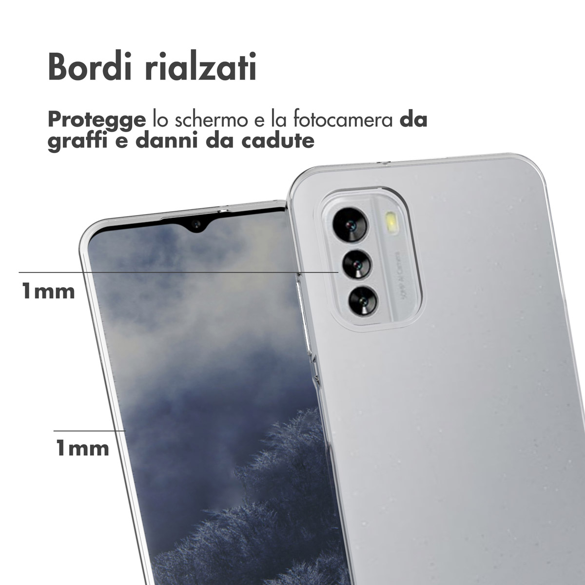 Transparante telefoonhoes met verhoogde randen van 1 mm ter bescherming van scherm en camera.