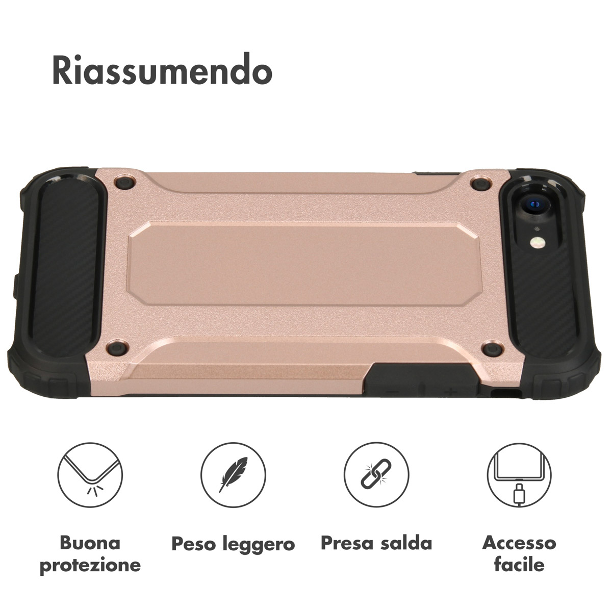 Une coque de téléphone or rose avec bordure noire et icônes de protection, poids, prise et accès.