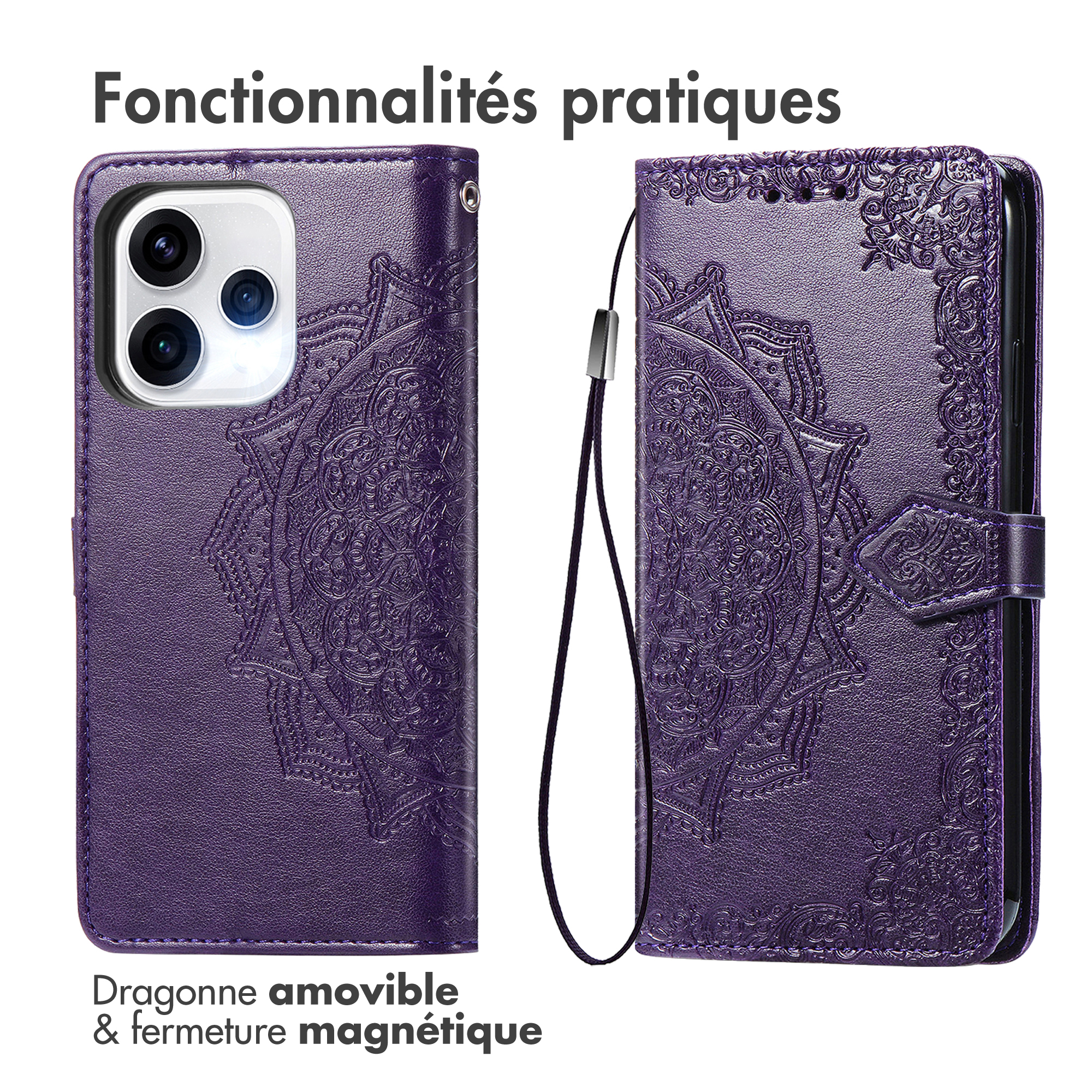 Custodia viola per telefono con mandala in rilievo, cinturino staccabile e chiusura magnetica.