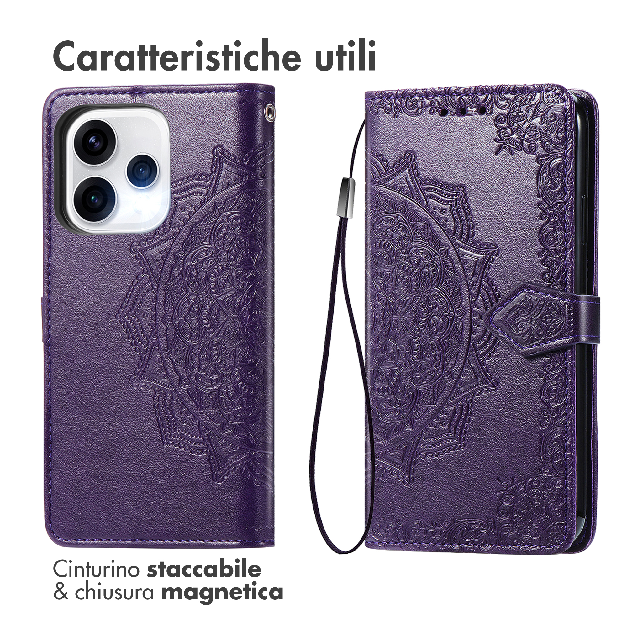 Custodia viola per telefono con motivo mandala, cinturino staccabile e chiusura magnetica.