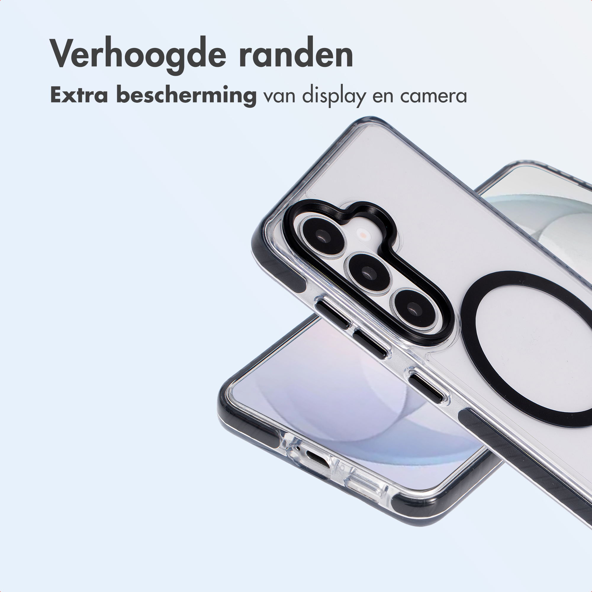 Doorzichtige telefoonhoes met verhoogde randen voor bescherming display en camera.