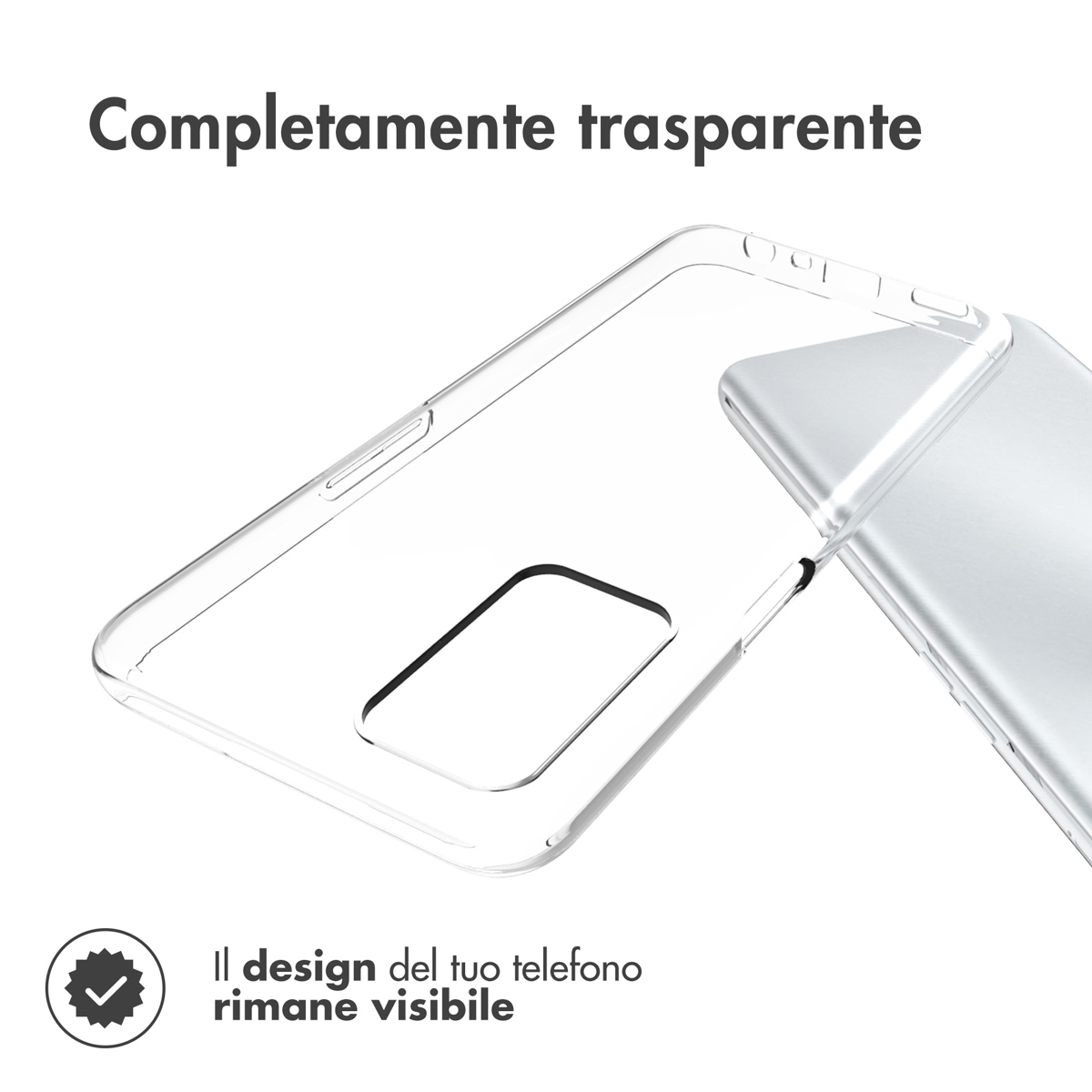 Une coque de téléphone transparente repose à côté d'un smartphone argenté.