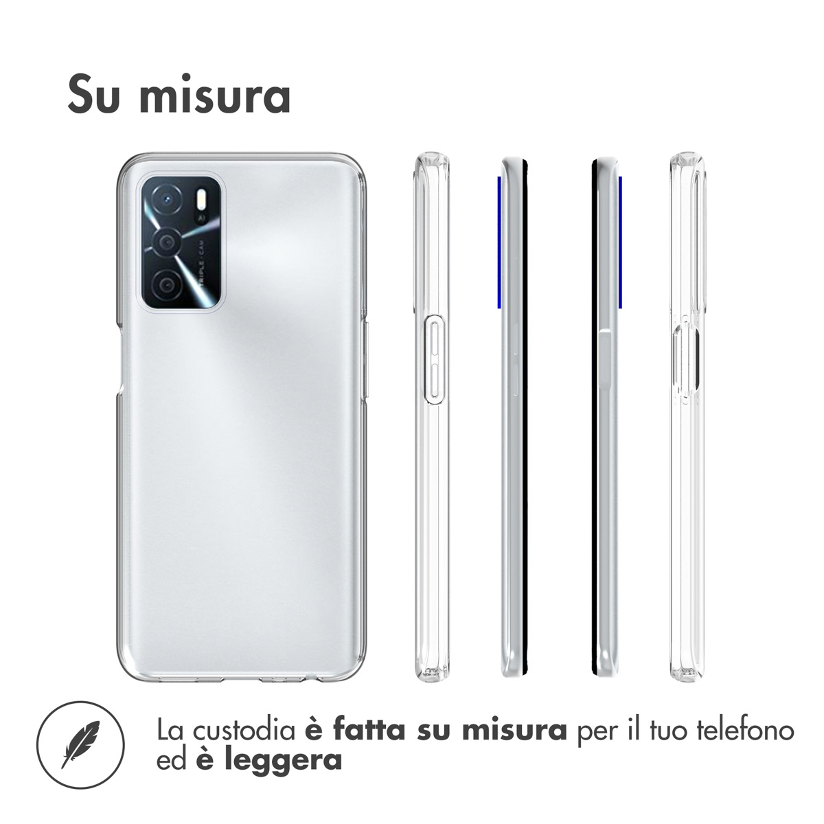 Coque de téléphone transparente vue de dos et de profil sur un téléphone argenté.