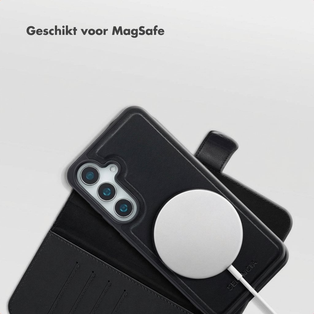 Een zwarte telefoon met MagSafe lader en lederen hoes.
