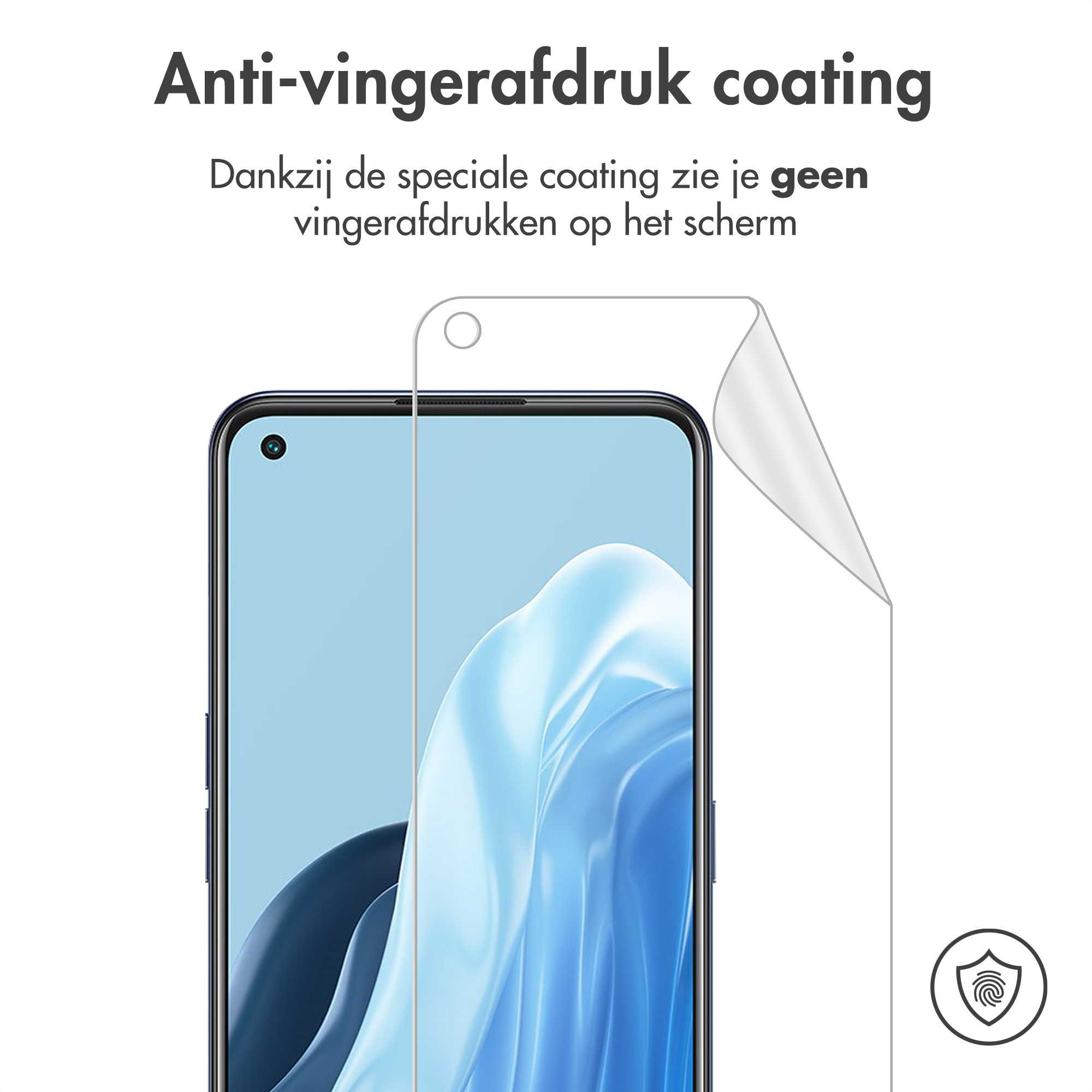 A smartphone screen with a protective film being applied.