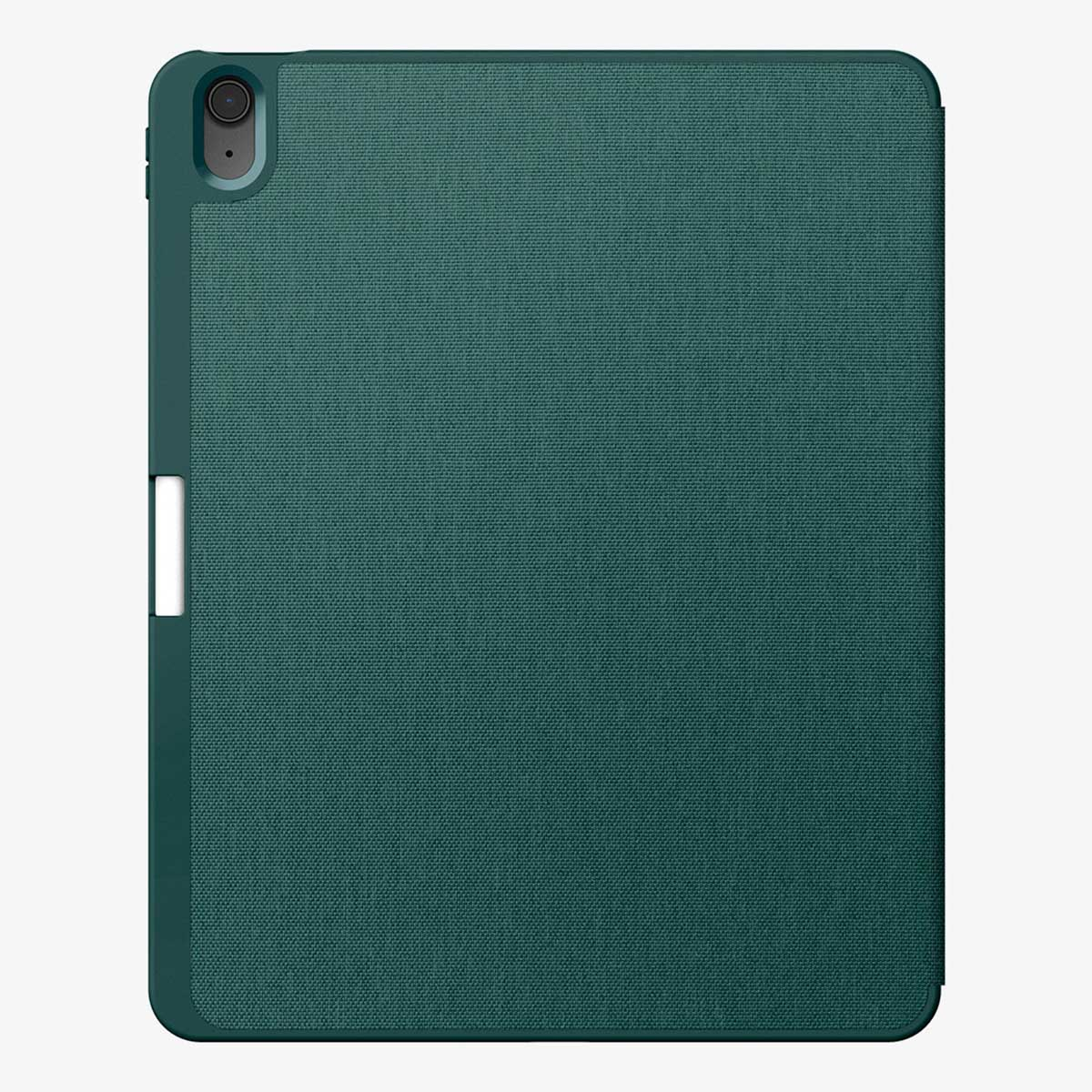 Dark green tablet case with fabric texture and camera cutout at the top left.