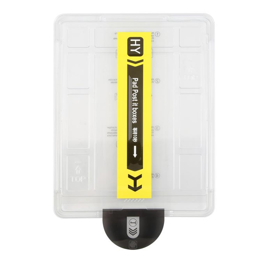 Contenitore trasparente con adesivo giallo "HY Pad Post it boxes" e una freccia.