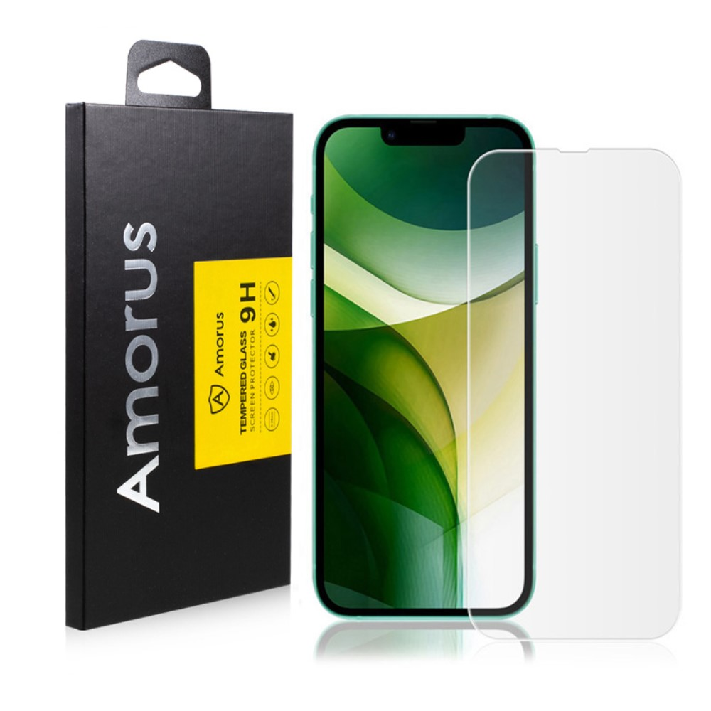 Confezione Amorus accanto a uno smartphone verde chiaro con protezione schermo applicata.