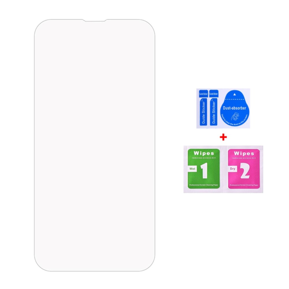 Un protecteur d'écran de smartphone avec outils de nettoyage : lingettes humides et sèches, absorbeur de poussière, guides.