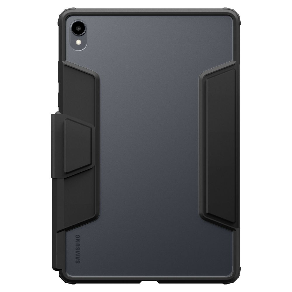 Dark gray tablet with a black protective case and a flap on the left side.