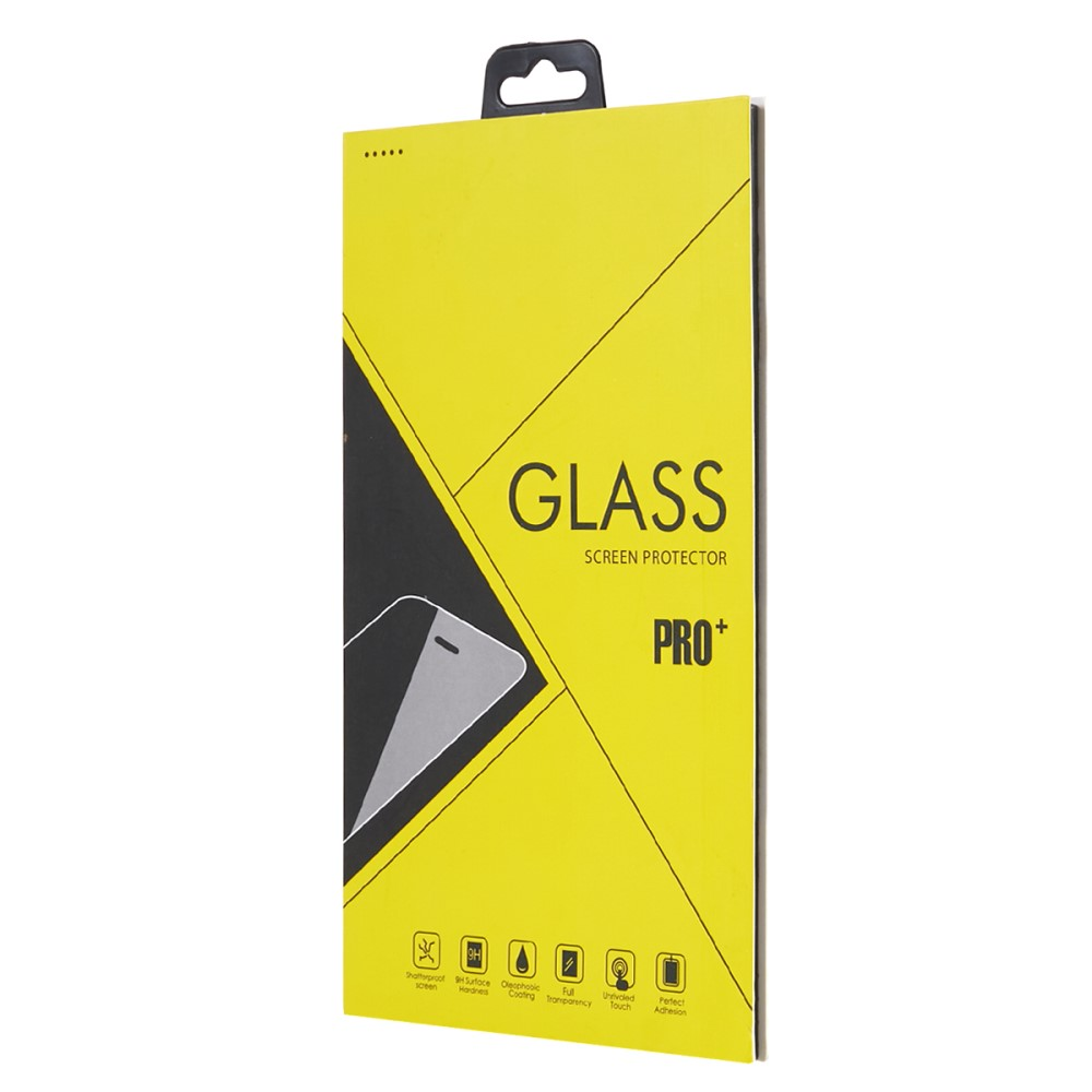 Verpackung für einen Displayschutz aus Glas mit der Aufschrift PRO+. Gelb.
