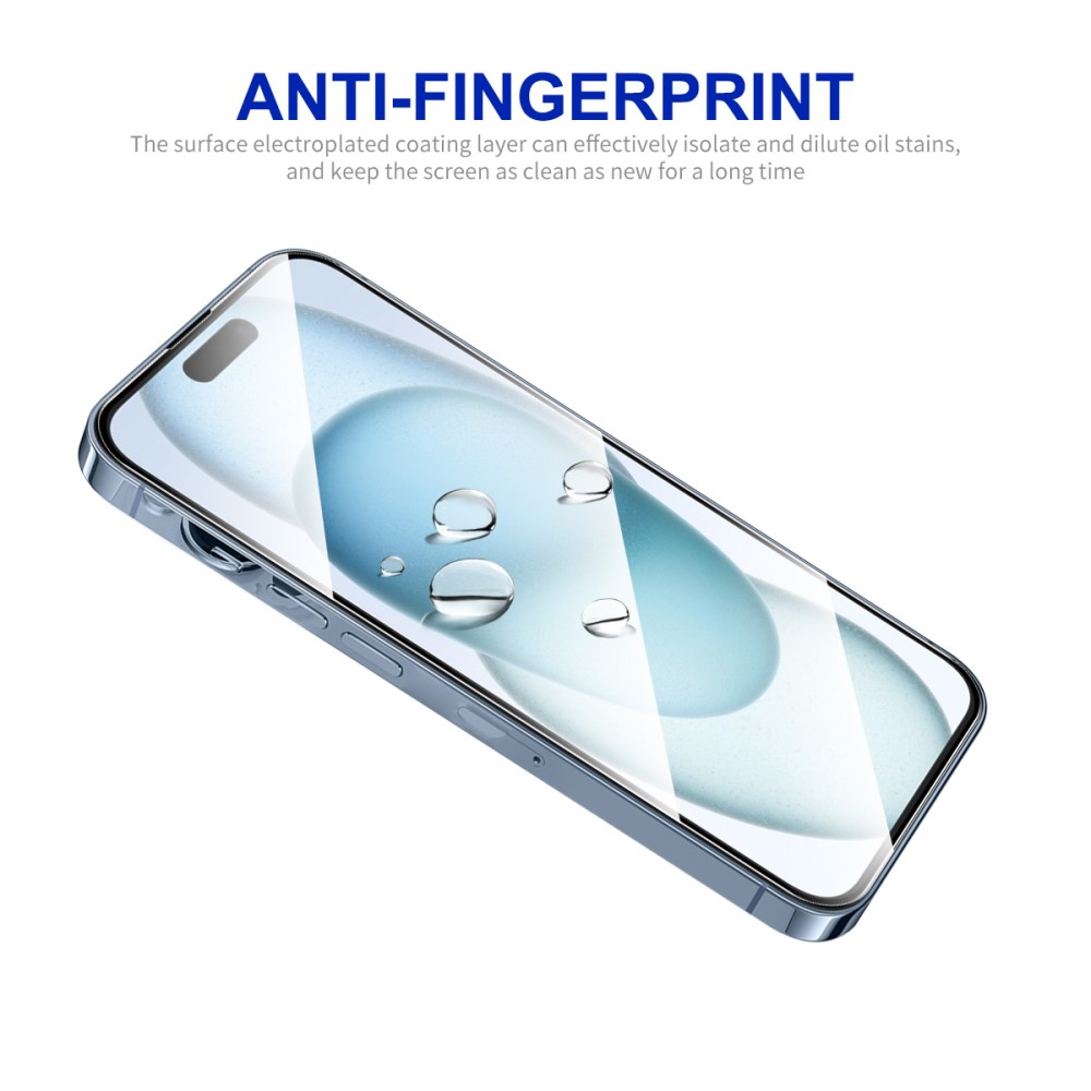 Un protecteur d'écran de smartphone avec des gouttelettes d'eau, étiqueté 'Anti-Fingerprint'.